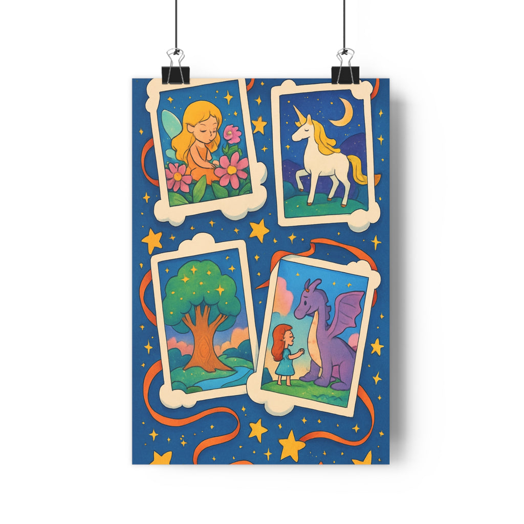 Poster décoratif magique fée licorne dragon bleu vert rose étoiles chambre rêveur éclatant lumineux