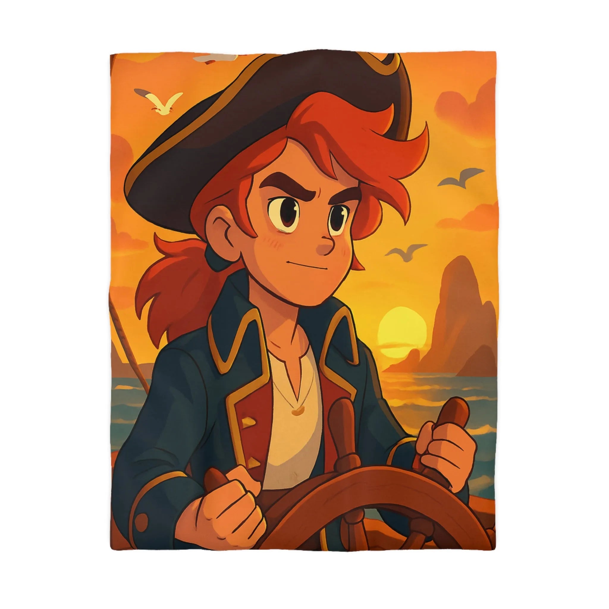 Housse de couette avec illustration pirate dessin animé, navire au coucher du soleil