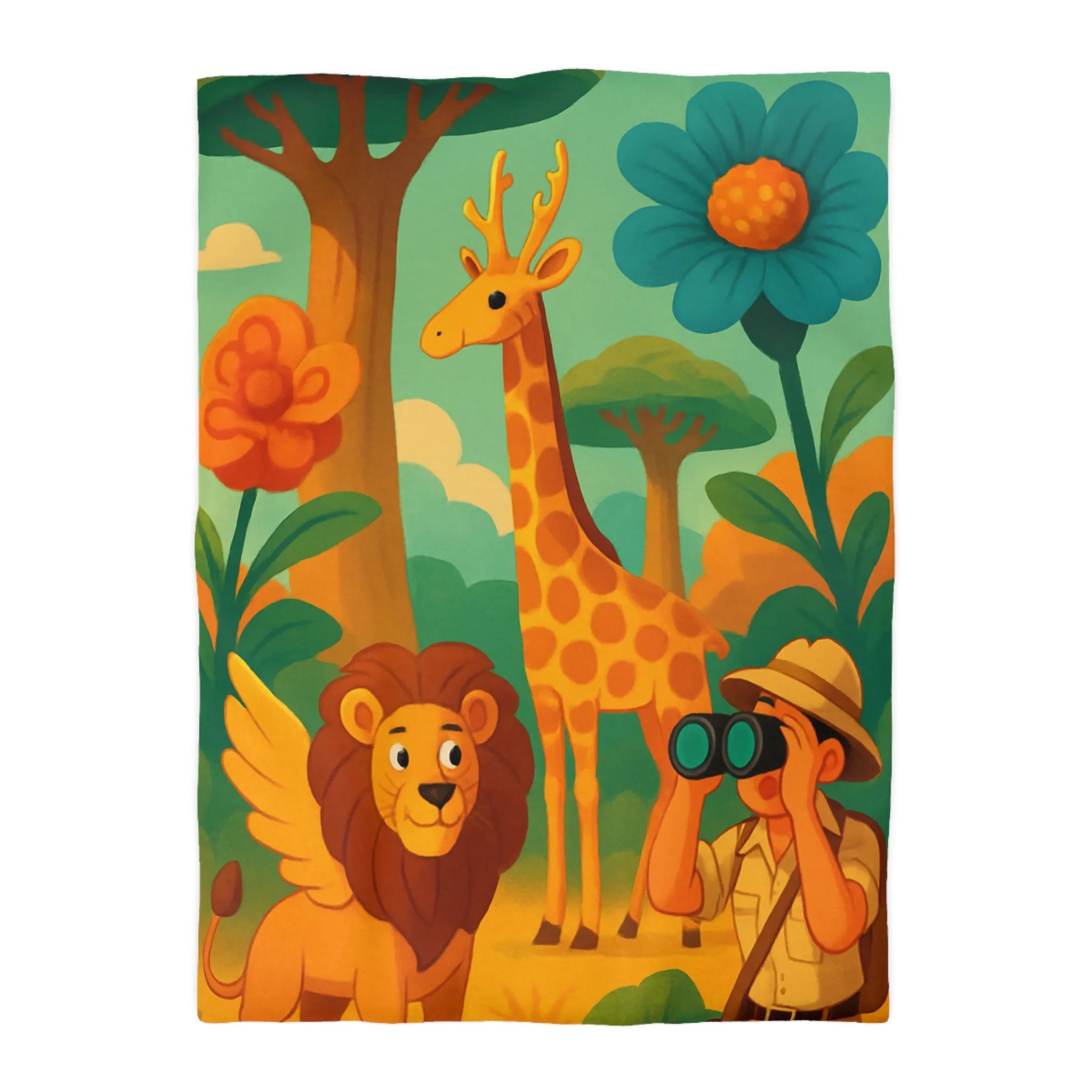 Housse de couette enfant safari : lion, girafe, explorateur, jungle colorée et joyeuse