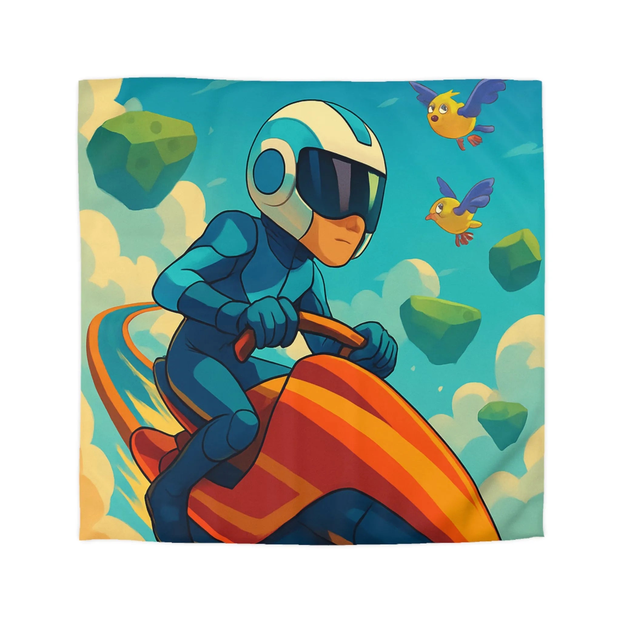 Housse de couette enfant colorée avec pilote et oiseaux dans ciel surréaliste