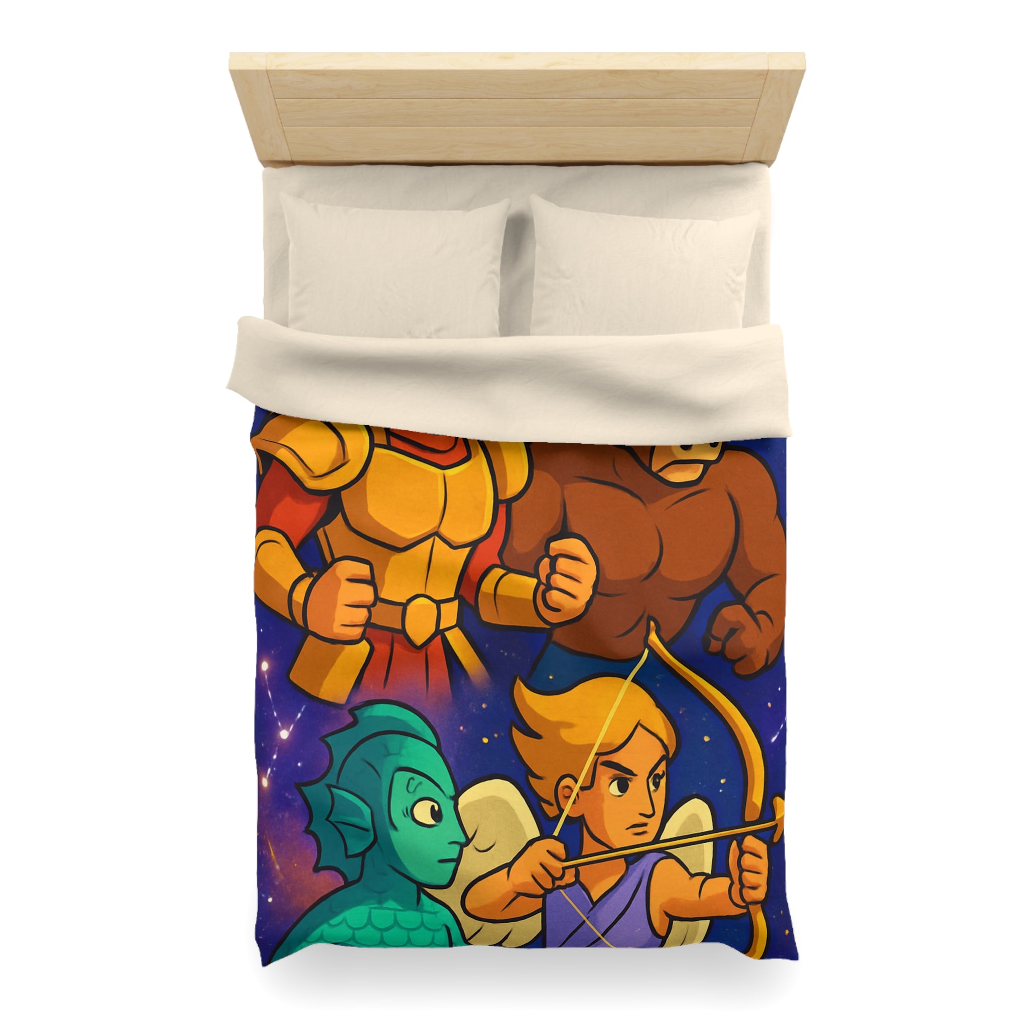 Housse de couette zodiaque illustrée avec chevalier, taureau, ange et créature marine