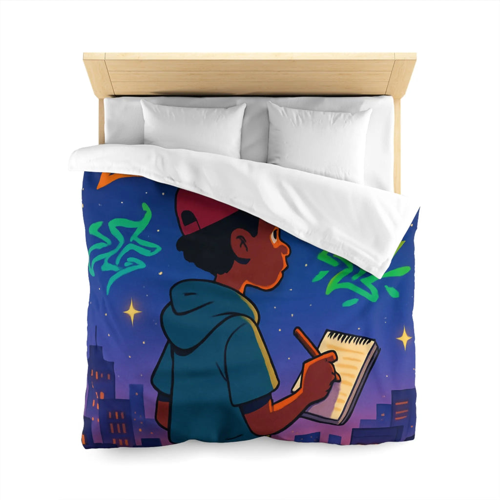 Housse de couette avec jeune artiste dessinant sous un ciel étoilé urbain coloré