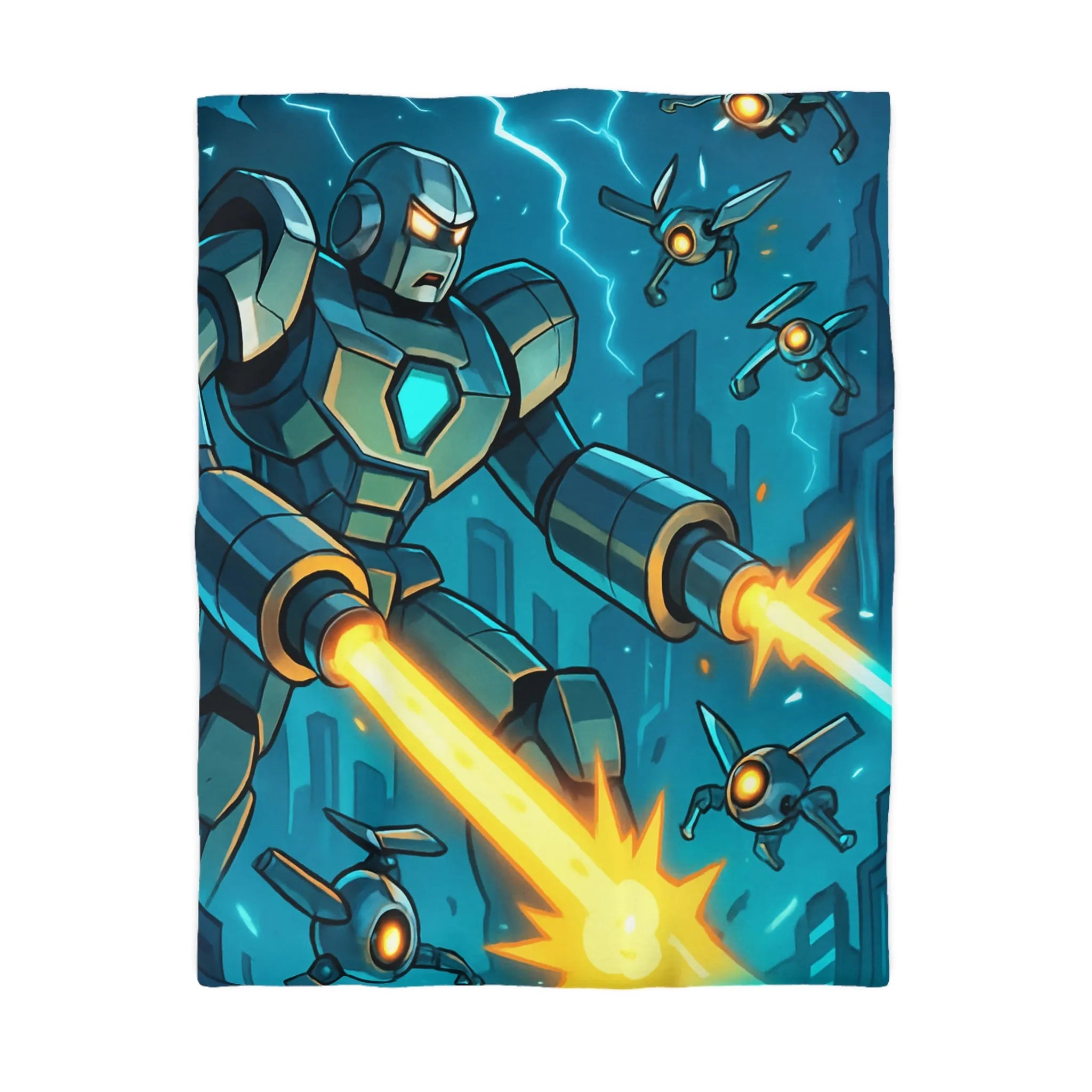Housse de couette illustrant un robot tirant des lasers dans une ville futuriste la nuit