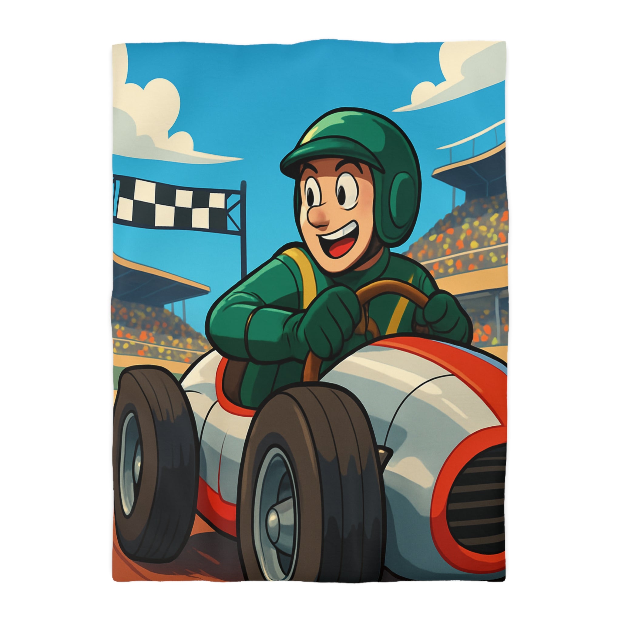 Housse de couette voiture de course pour enfants avec pilote souriant et piste