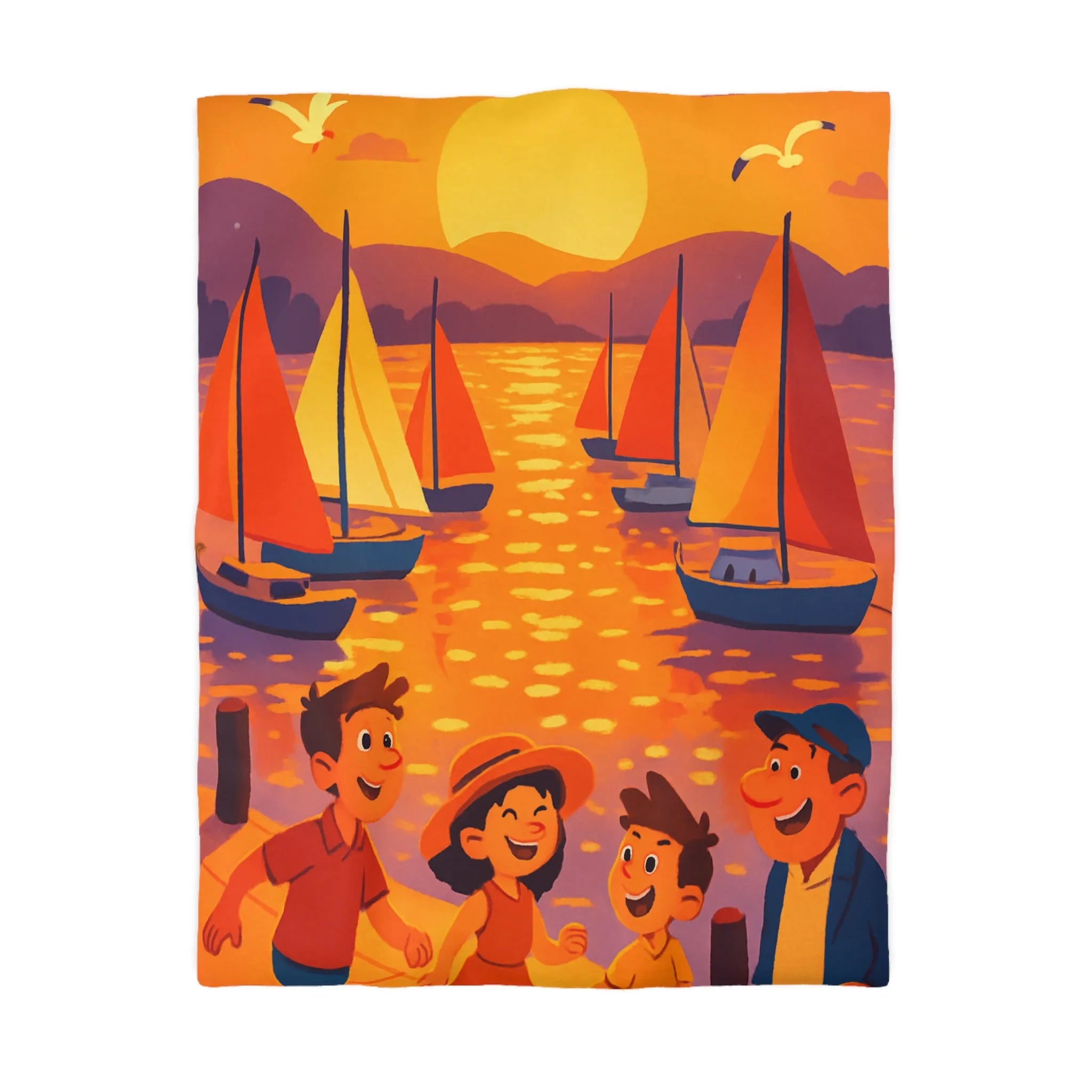 Housse de couette colorée avec bateau et coucher de soleil pour ambiance joyeuse