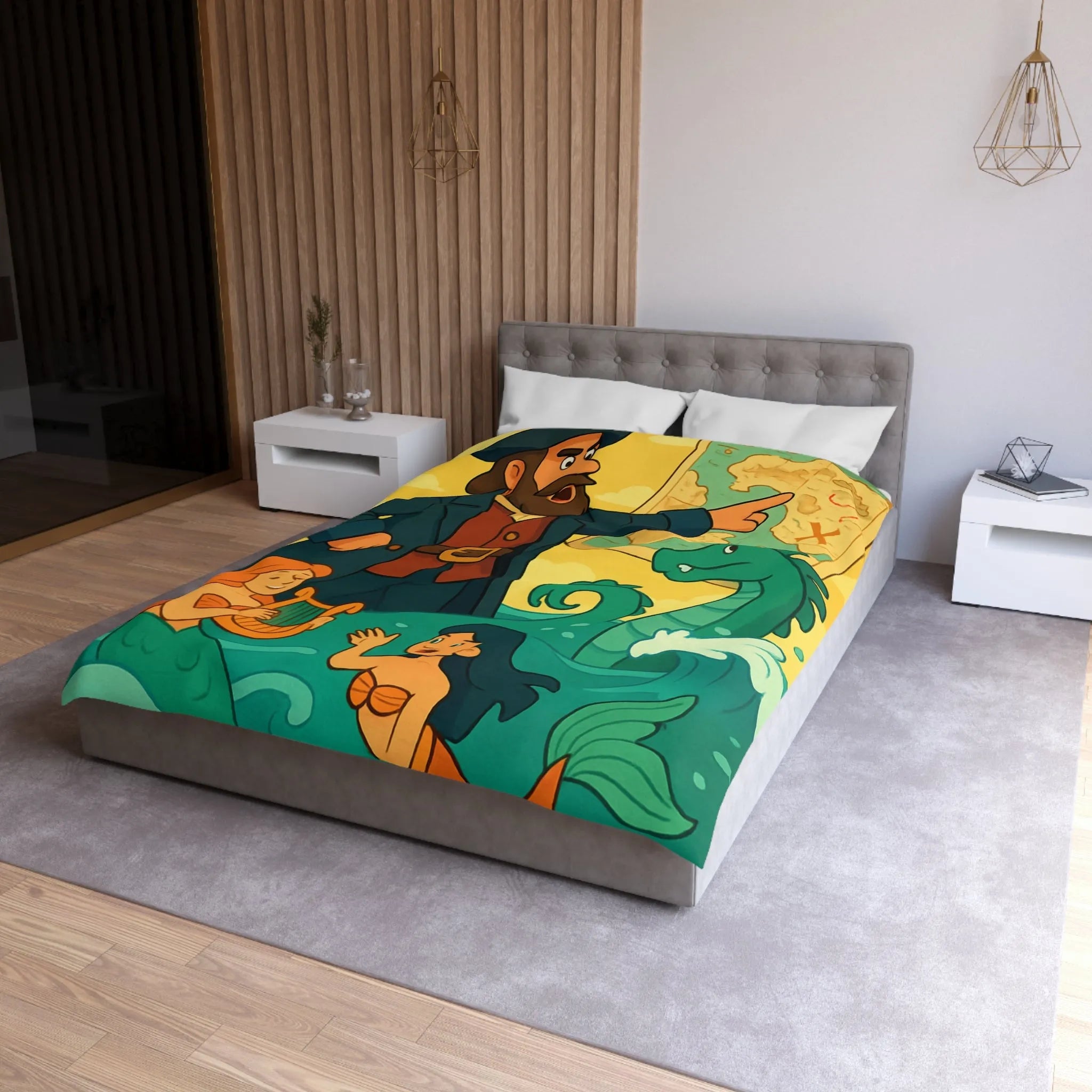 Housse de couette illustrée pirate avec carte, sirènes et monstre marin ludique