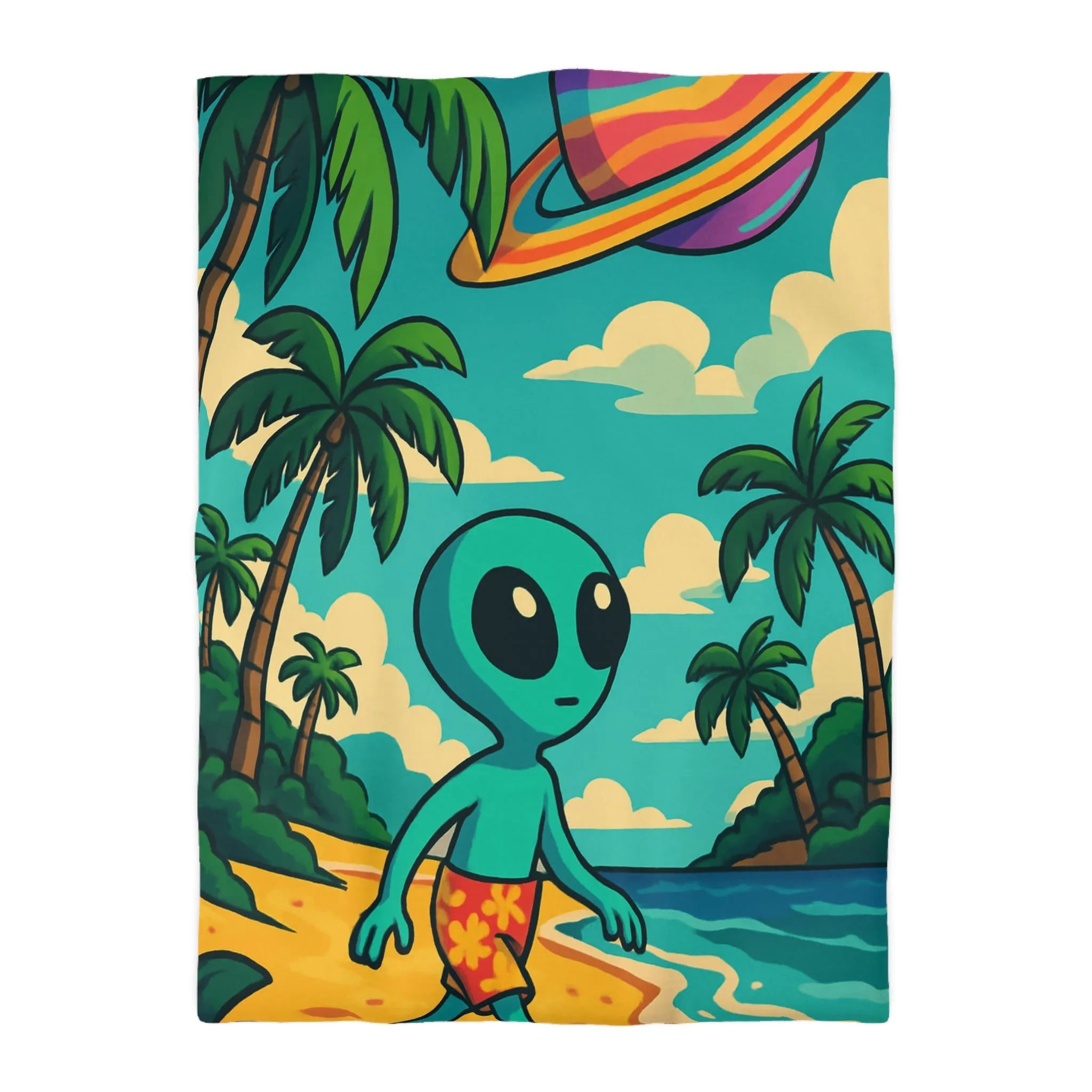 Housse de Couette Enfant Alien Plage Tropicale Planète Saturée Rêveur Ciel Imagination