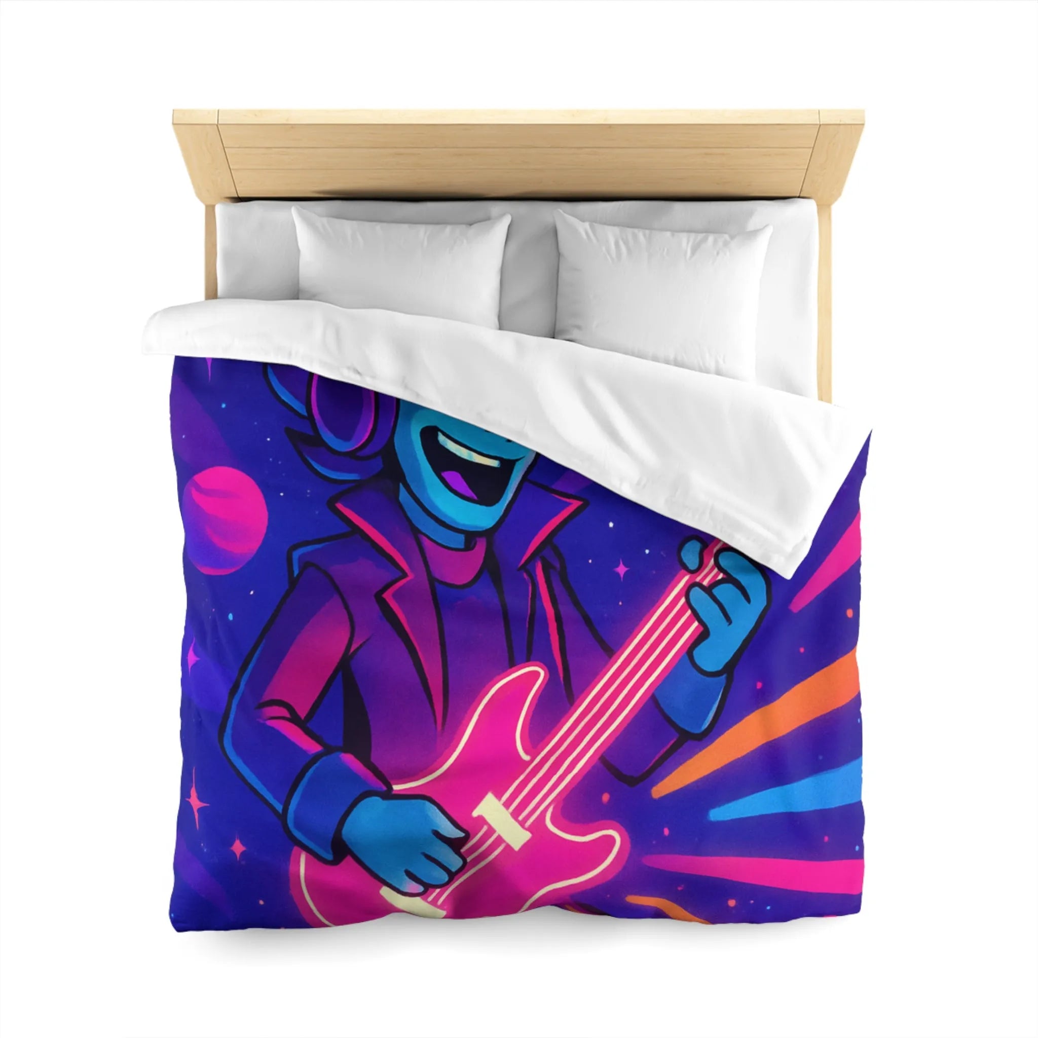 Housse de Couette Galactique avec Musicien Alien et Planètes Multicolores en Néon Vibrant