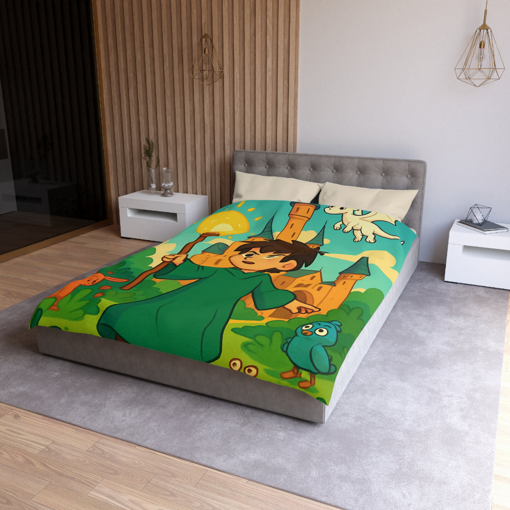 Housse de couette pour enfants avec château magique, dragon et petit magicien coloré