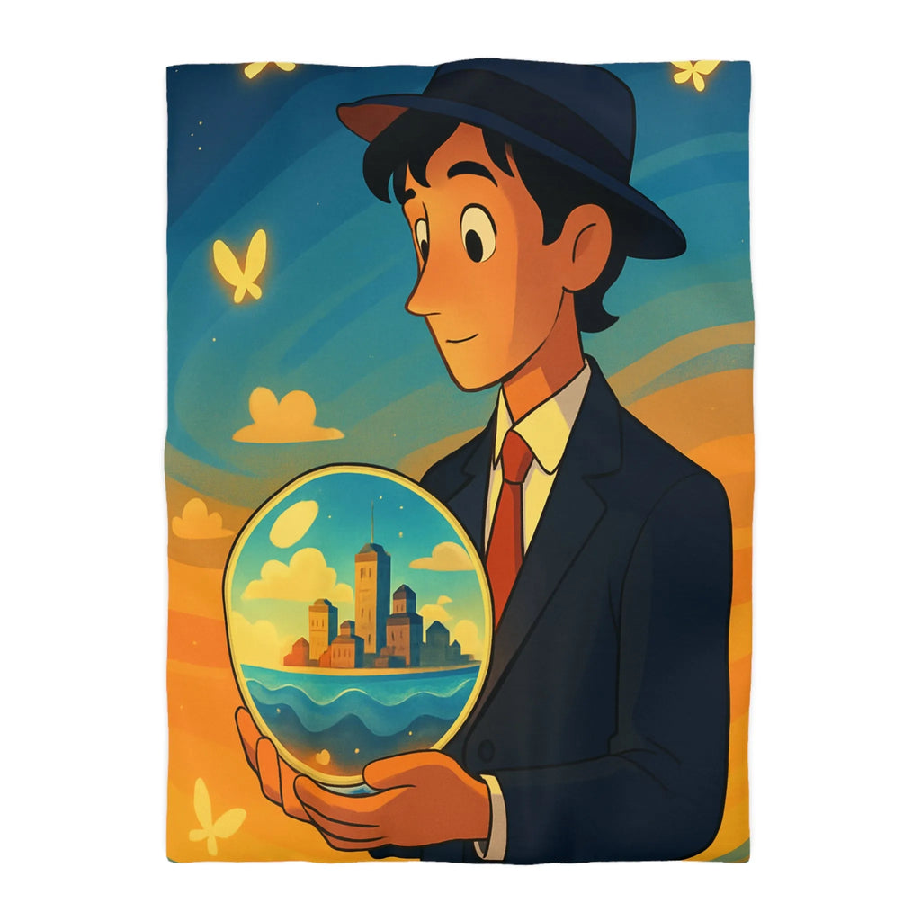 Housse de couette avec illustration surréaliste d'un homme tenant une sphère magique