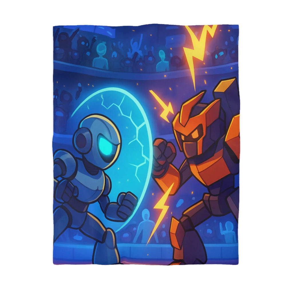 Housse de couette avec robots futuristes en duel, éclairs et énergie dans l'arène
