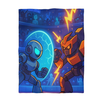 Housse de couette robots duel stade spectateurs bleu orange foudres éclair ambiance électrique cartoon simple contours net