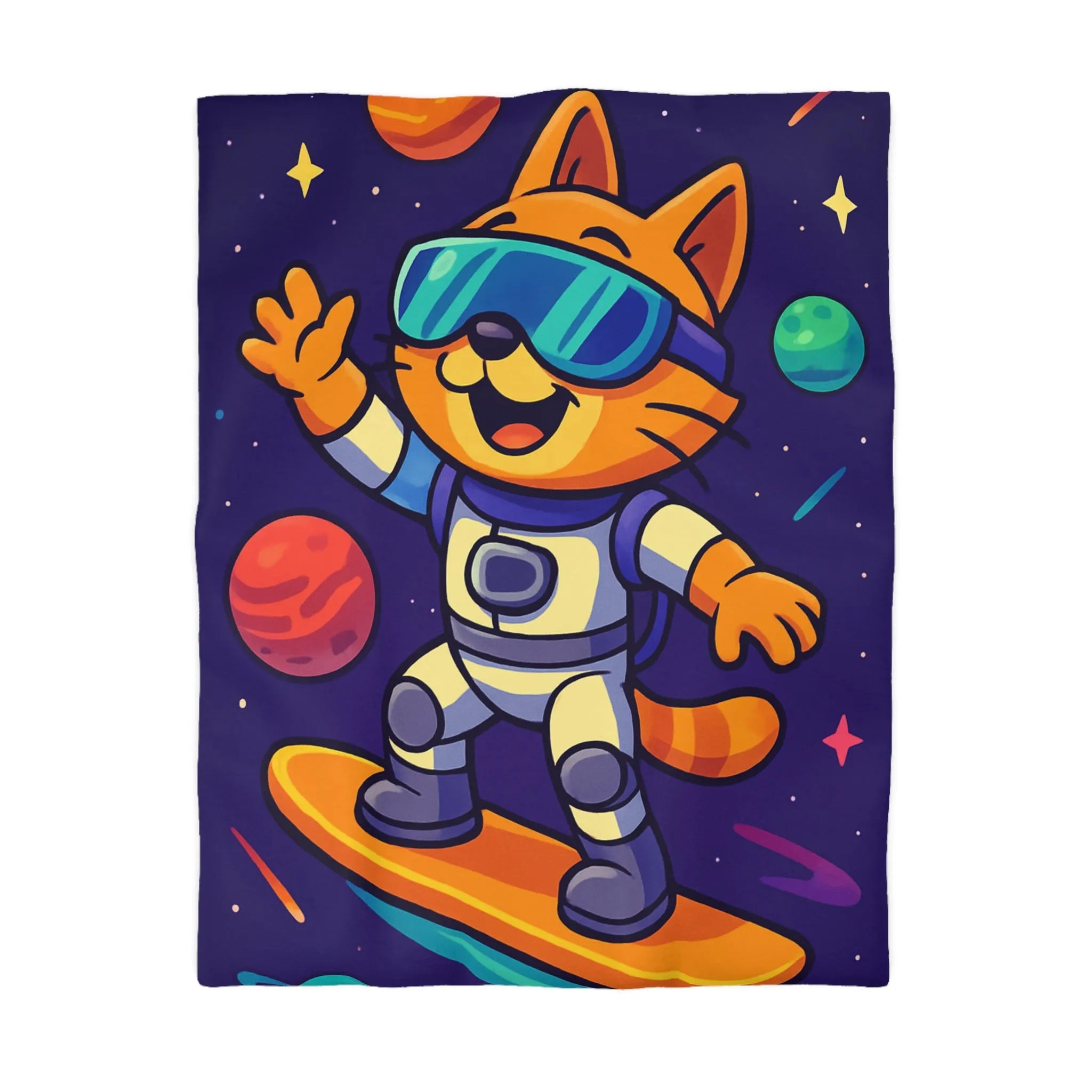 Fantaisie féline spatiale : chat en combinaison surfe sur l'univers étoilé coloré