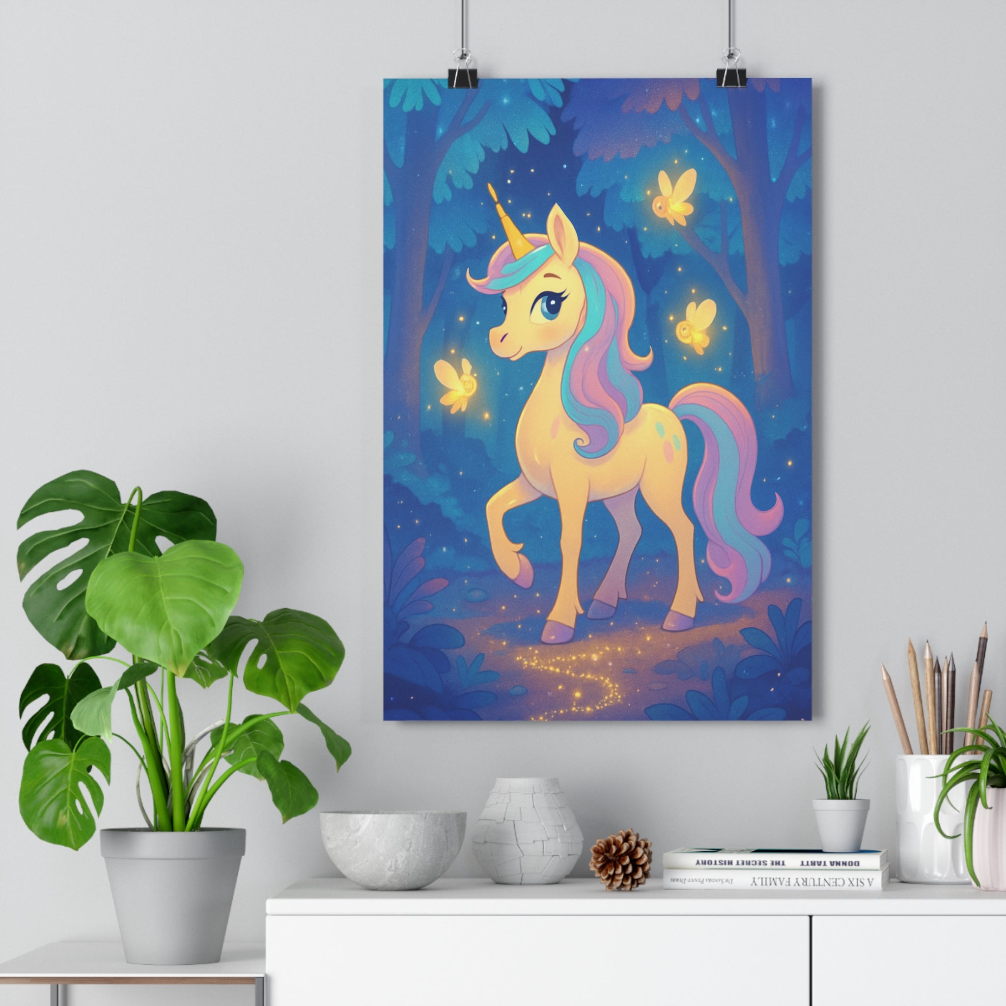 Poster décoratif licorne forêt enchantée pastel magique féerique enfant joyeux chambre créatures lumineuses 30x46
