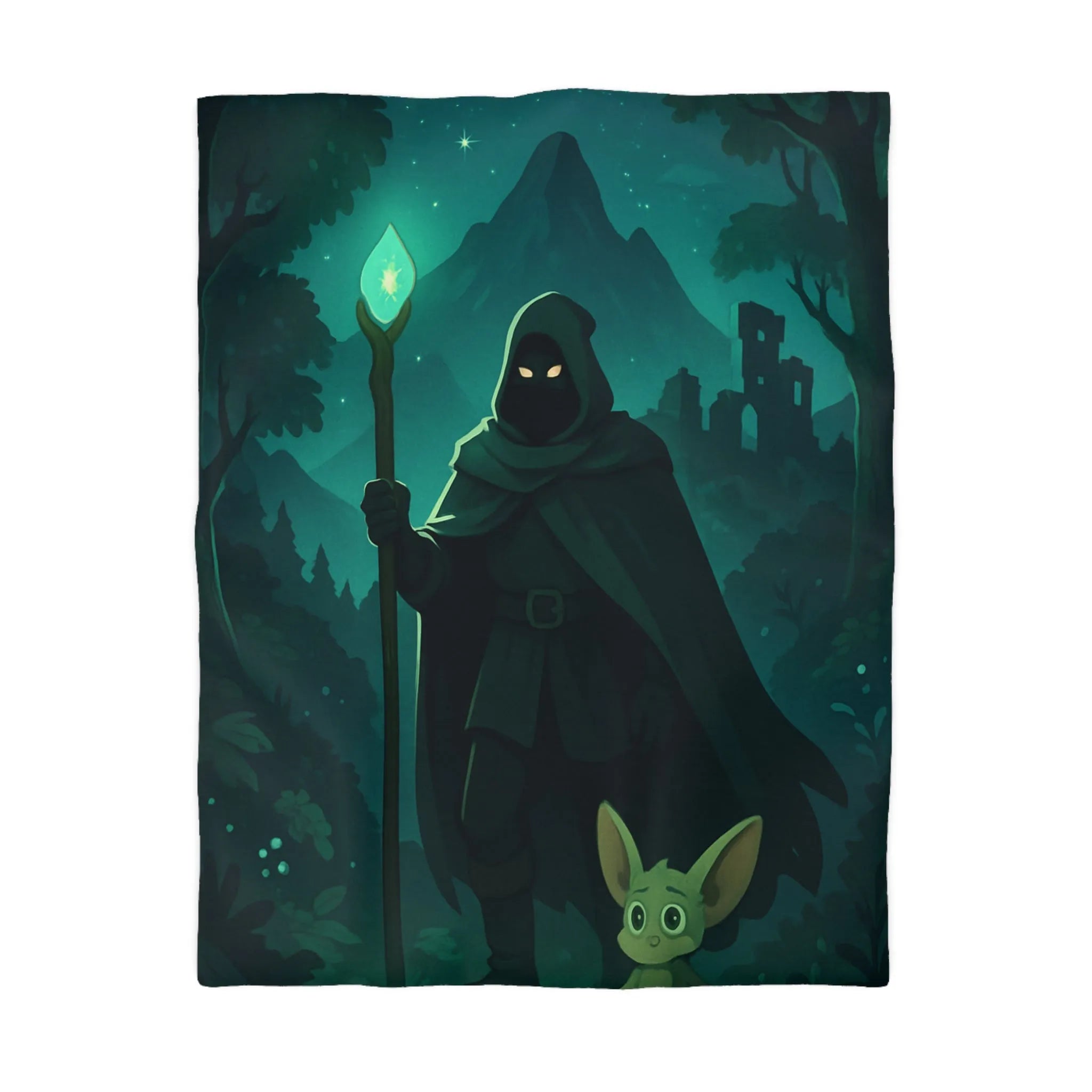 Housse de couette magique avec sorcier nocturne et créature enchantée sous lune étoilée