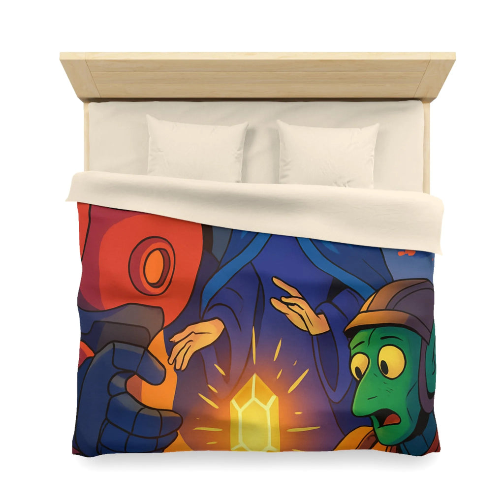 Housse de couette colorée avec illustration futuriste d'artefact mystérieux et personnages intrigants