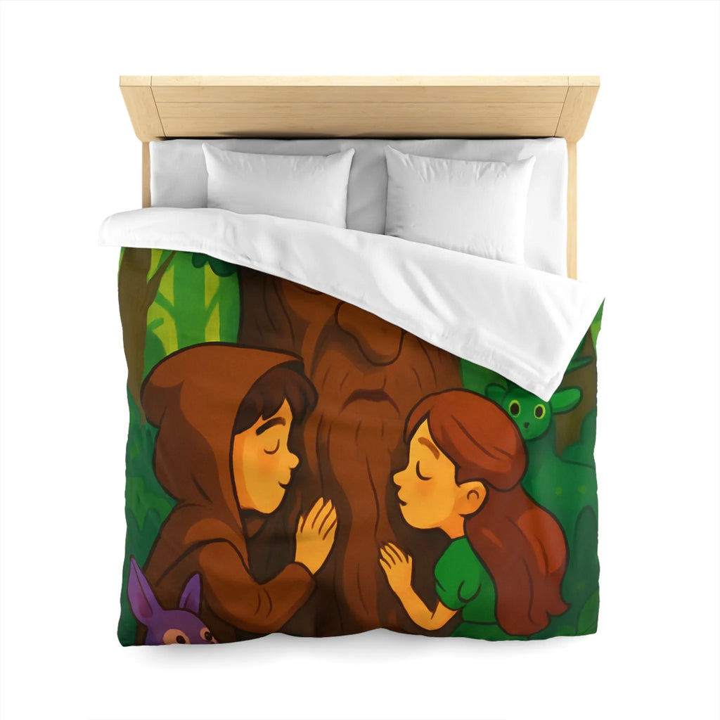 Housse de couette forêt enchantée avec animaux, arbres sages et personnages rêveurs
