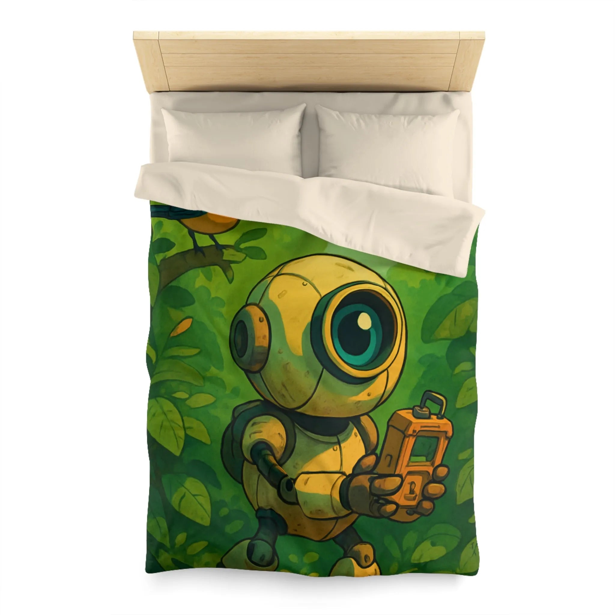 Housse de couette ludique avec robot curieux dans une forêt verdoyante et magique