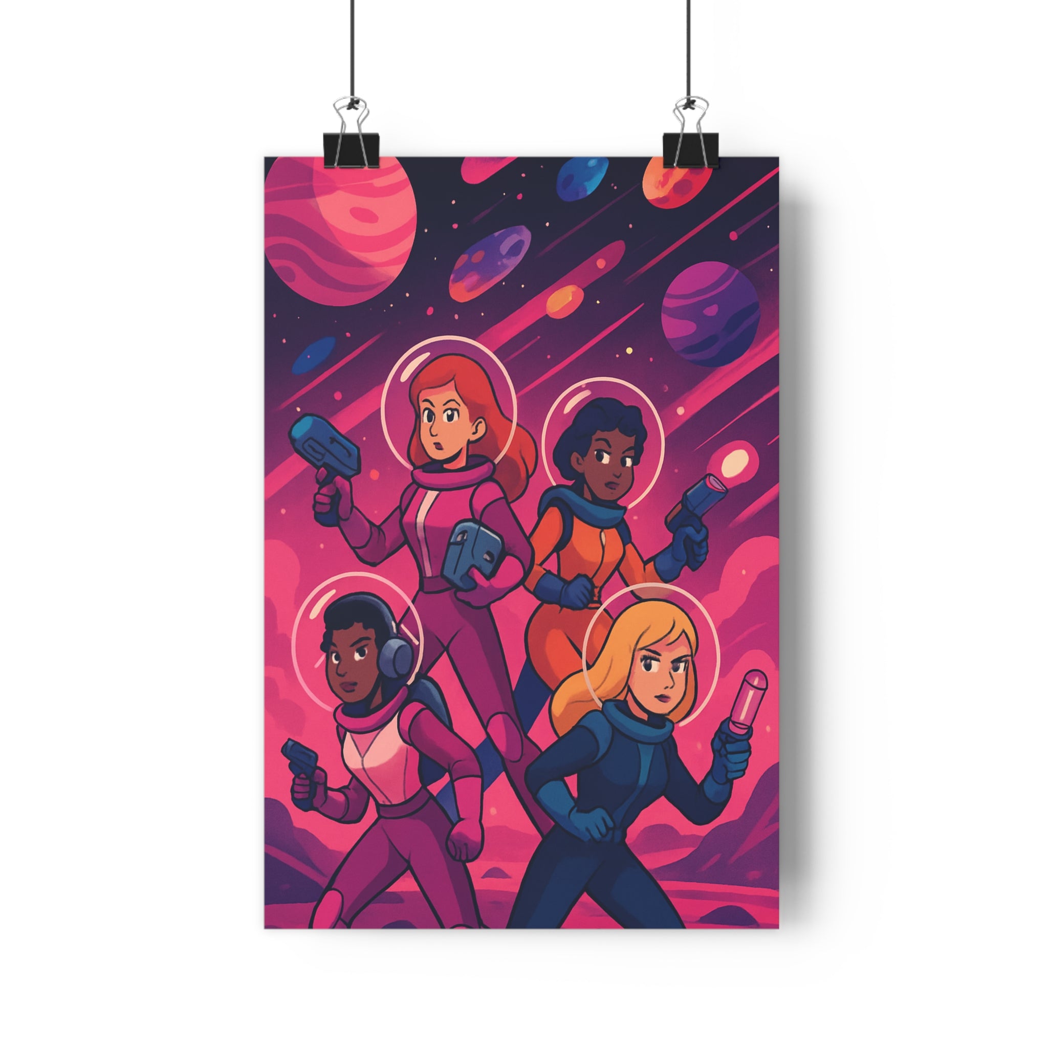 Poster décoratif voyage galactique rose violet futuriste aventure exploratrices espace ciel étoilé chambre tendance