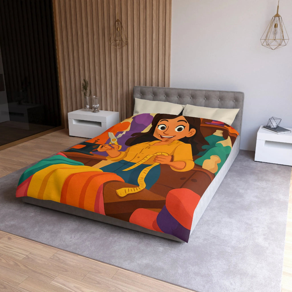 Housse de couette colorée avec motifs de couturière, outils et mannequins élégants