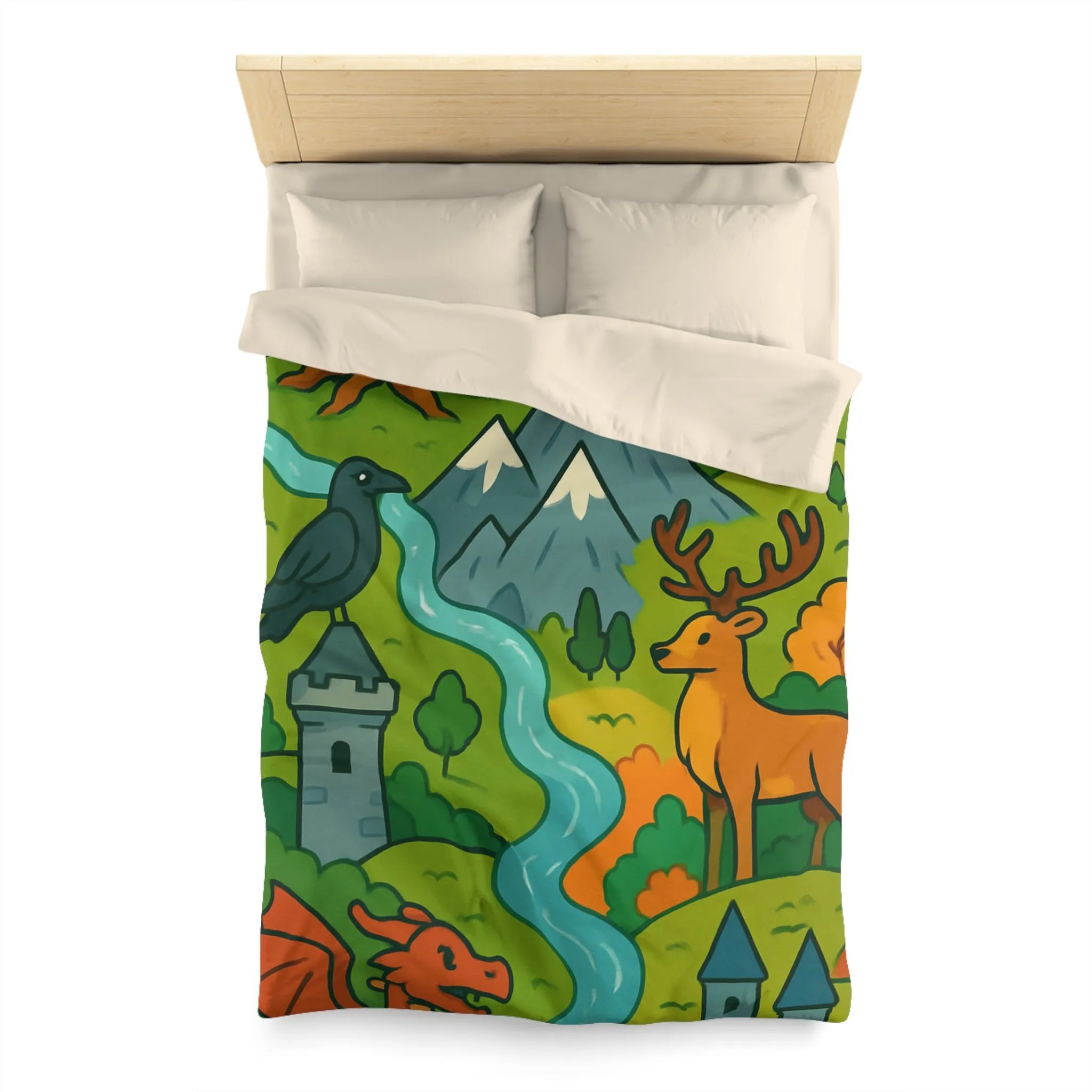 Housse de couette colorée avec motifs de nature, animaux et châteaux fantastiques magiques