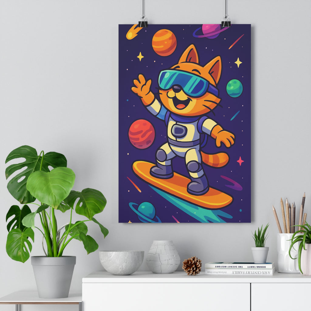 Poster décoratif surréaliste chat cosmonaute violet orange planètes étoiles joyeux enfant chambre espace tendance