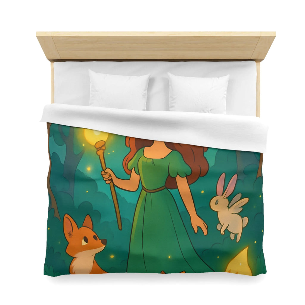 Housse de couette féerique avec fille et animaux en forêt enchantée, lumineuse et magique