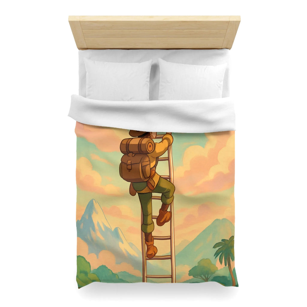 Housse de couette avec aventurier grimpant échelle vers ciel pastel et montagnes lointaines