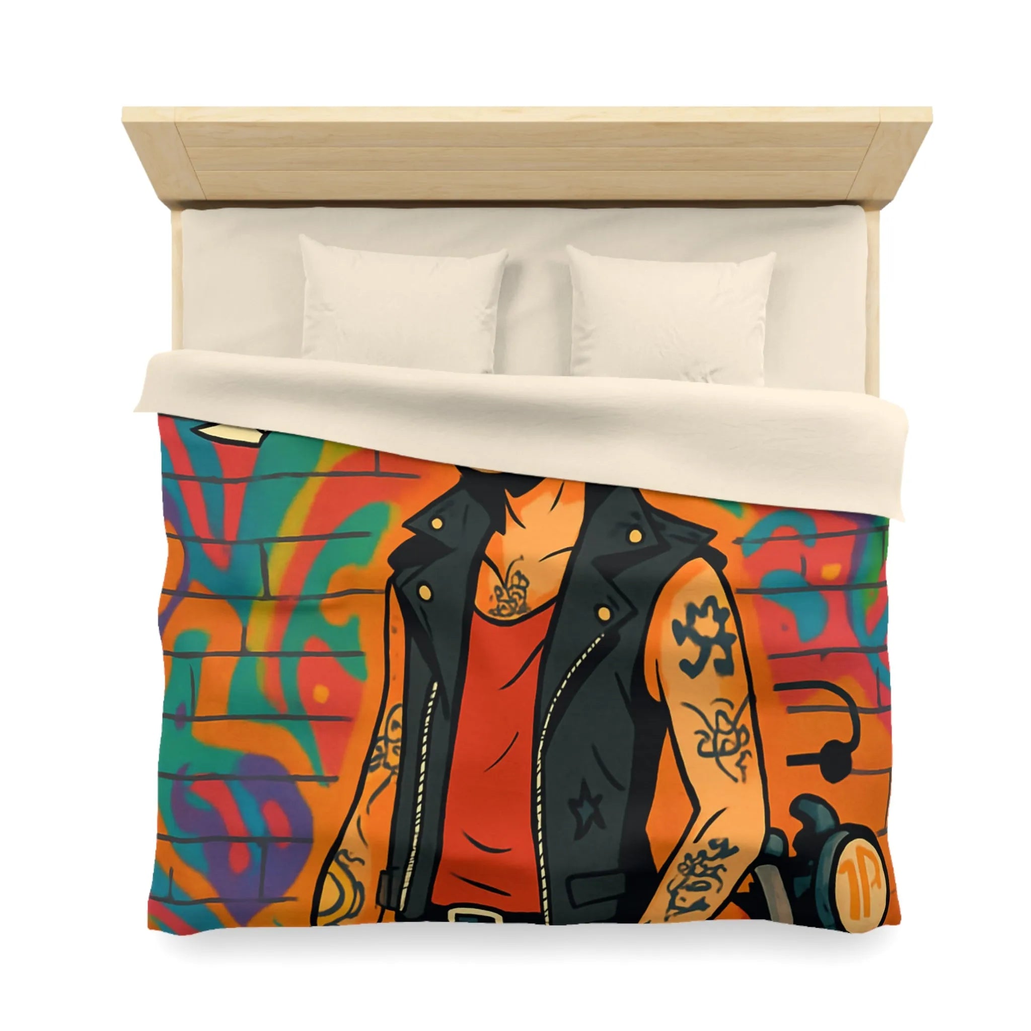 Housse de couette avec imprimé punk, moto et graffitis, ambiance urbaine colorée