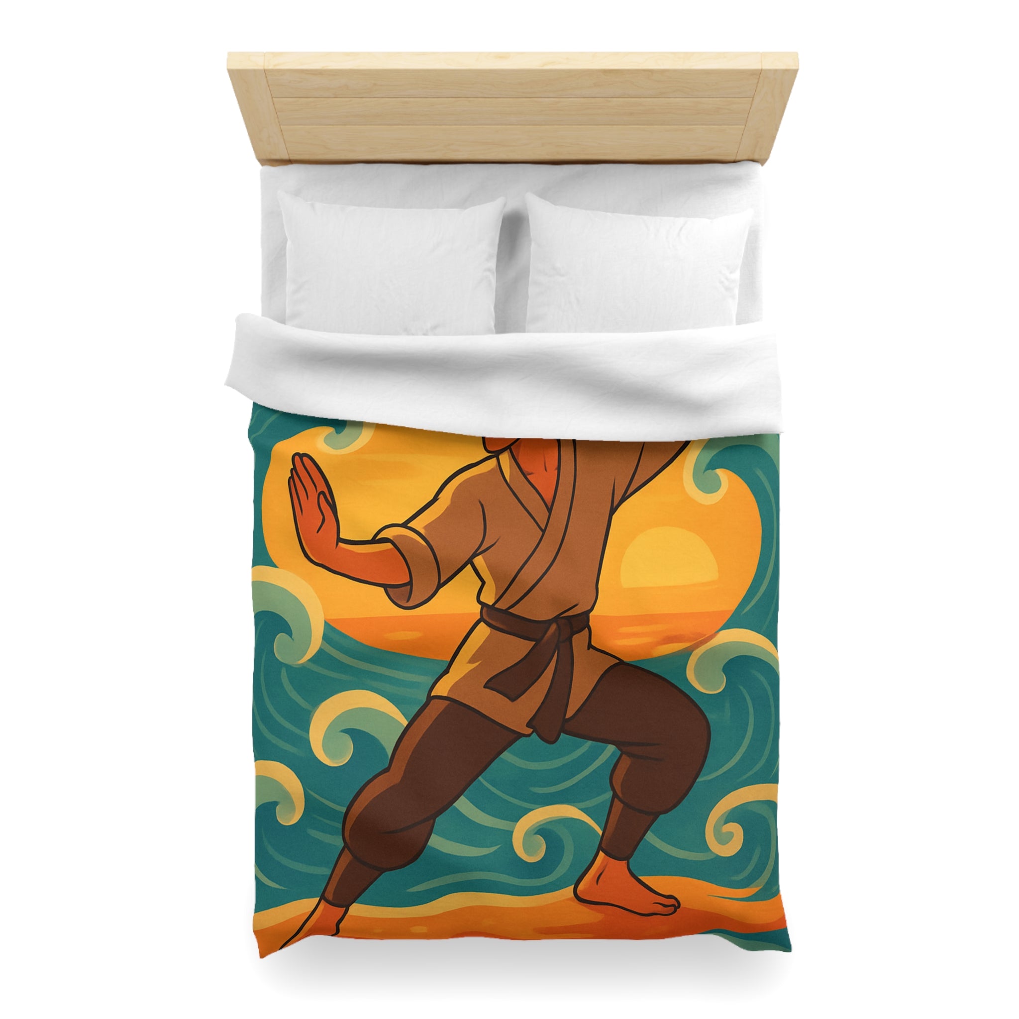 Housse de Couette Style Japonais Art Martial Coucher de Soleil et Océan Bleu