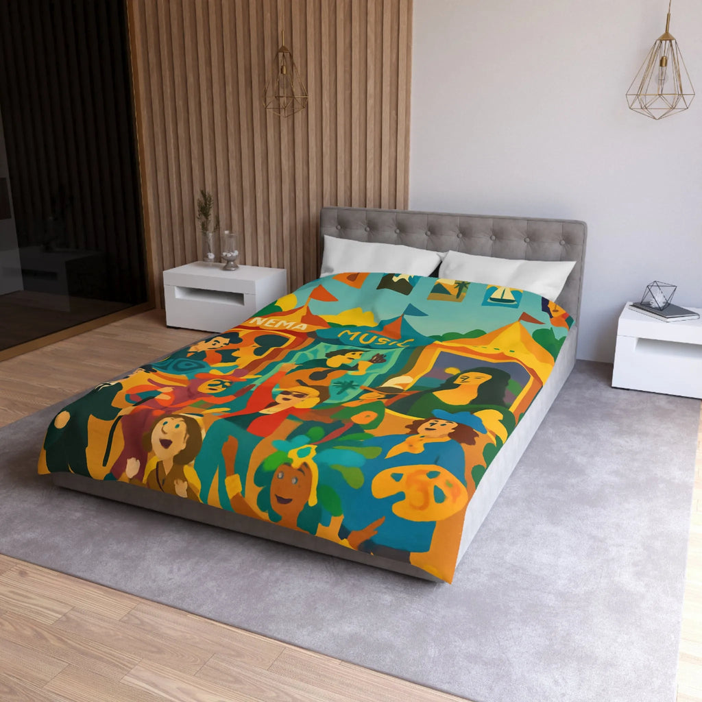 Housse de couette colorée avec motifs cinéma, musique et art, ambiance festive bohème