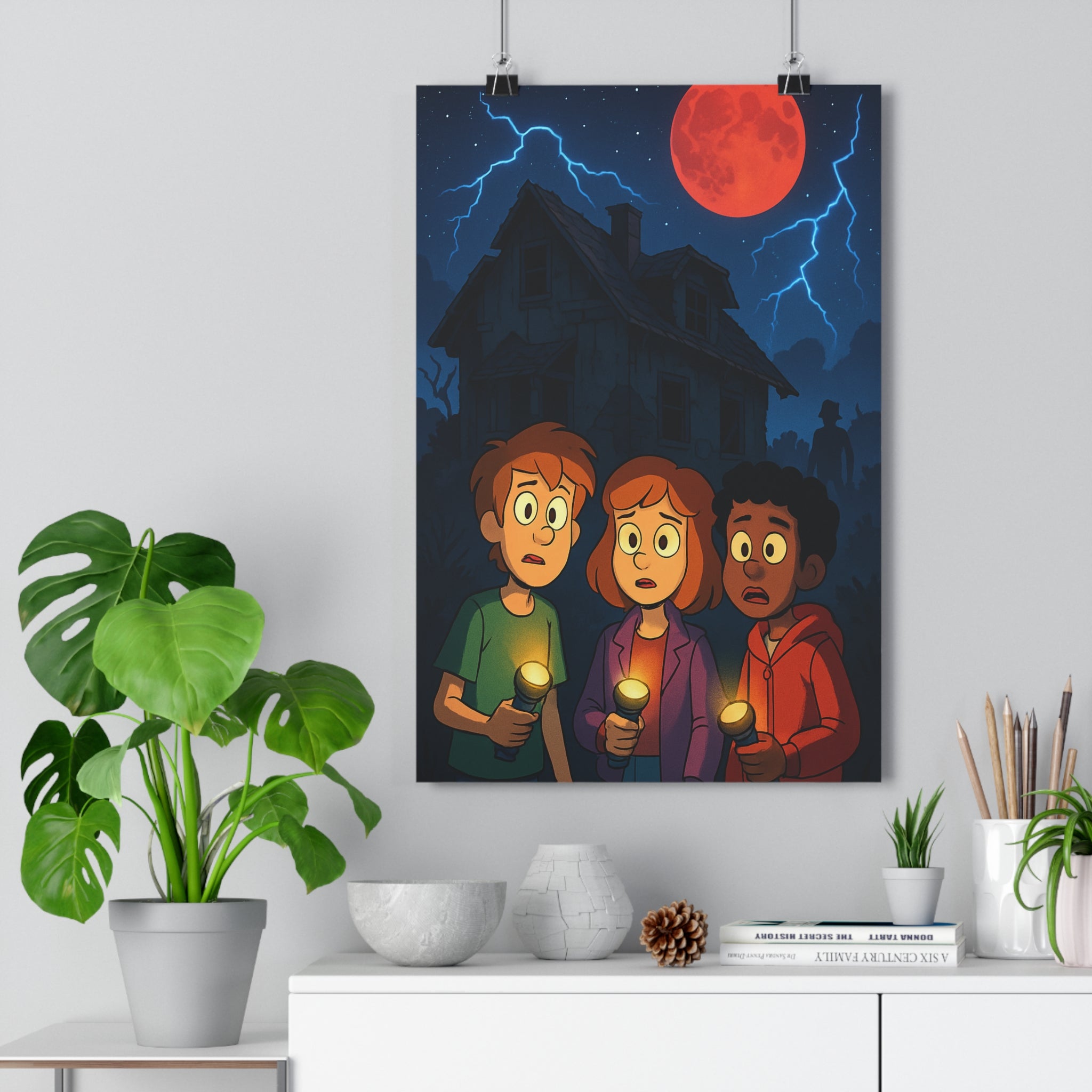 Poster décoratif enfants aventure cartoon mystérieux lune rouge éclairs chambre jeu intrigue 30x46 cm