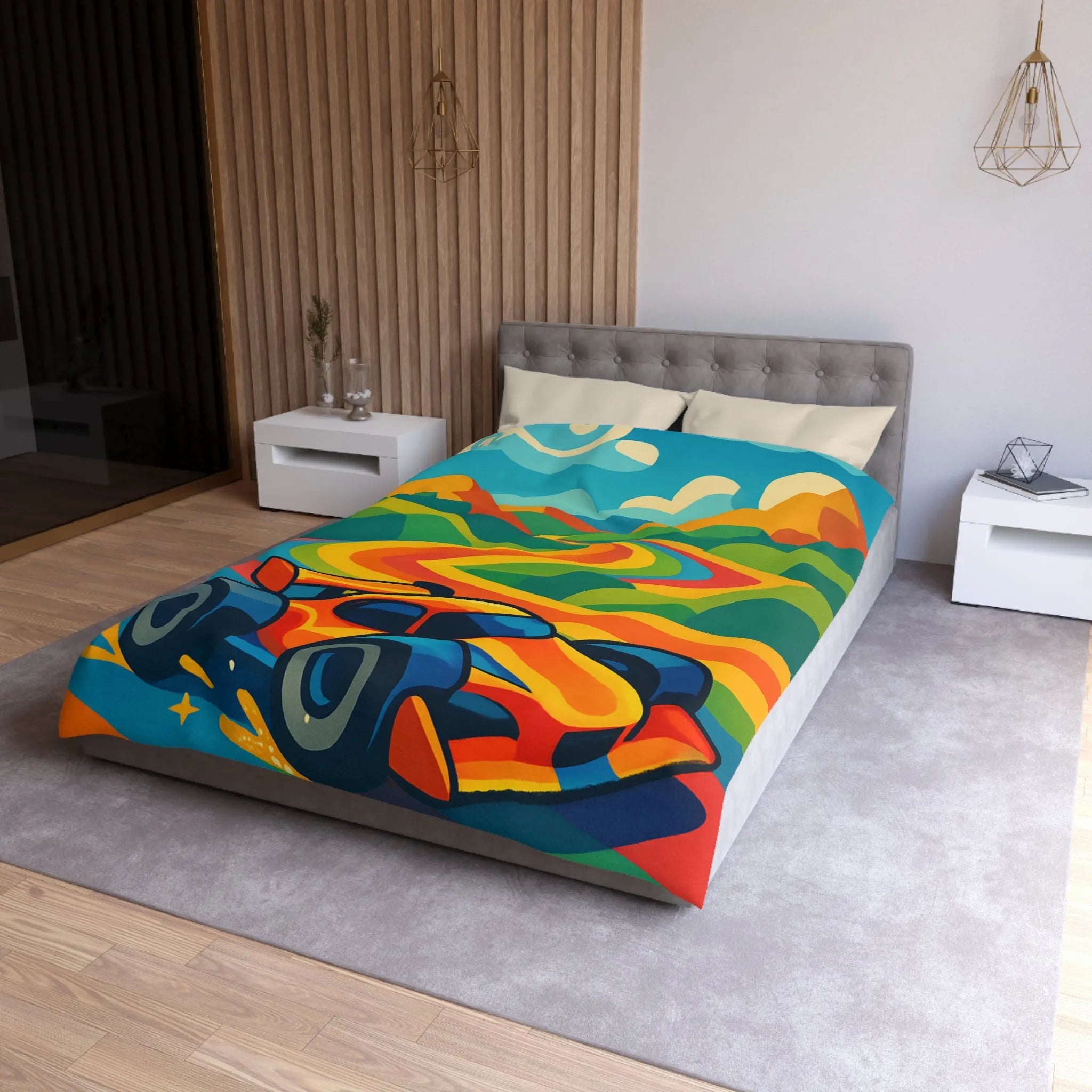 Housse de Couette Colorée avec Voiture de Course et Collines Arc-en-ciel Ensoleillées