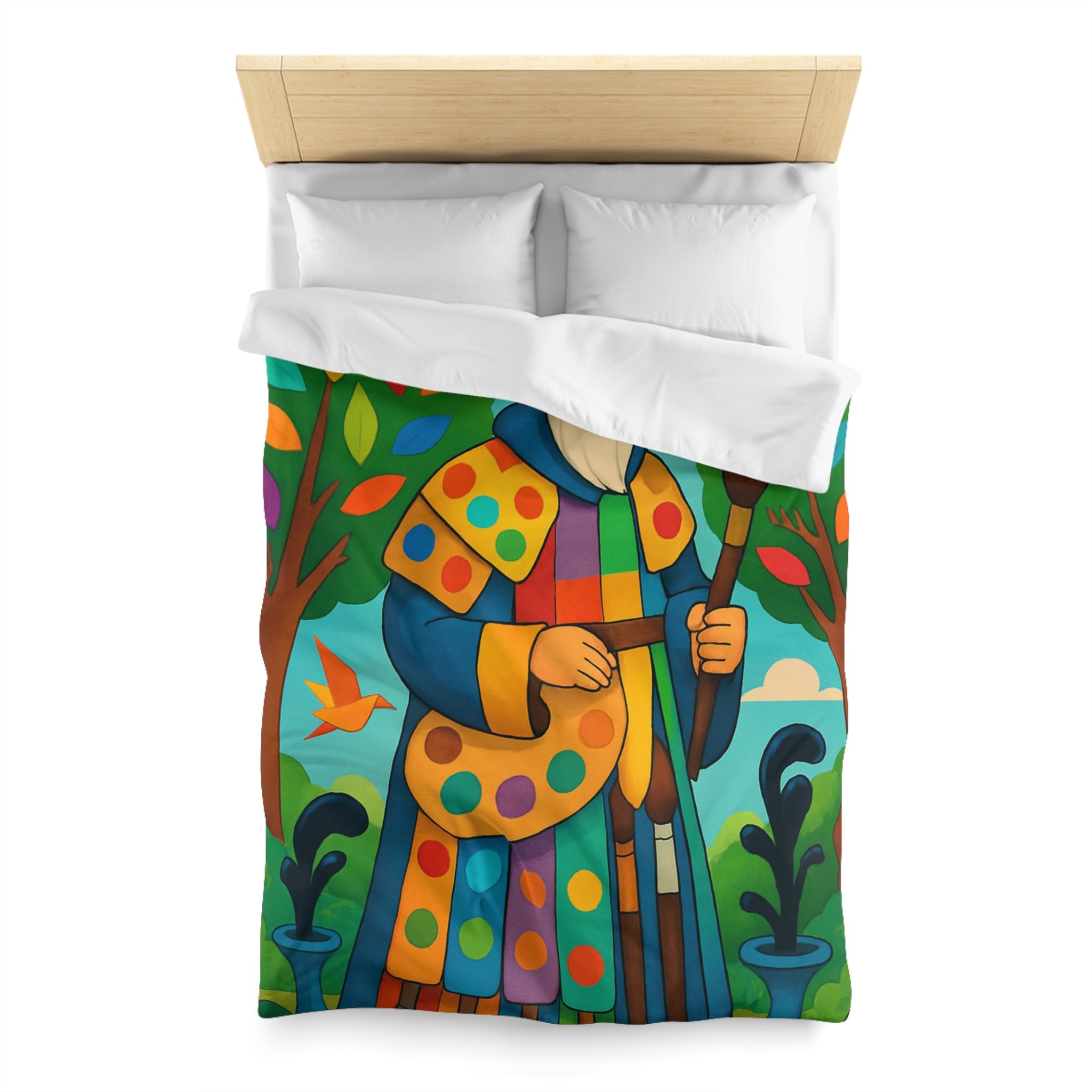 Housse de couette multicolore avec roi et oiseaux dans un jardin enchanteur