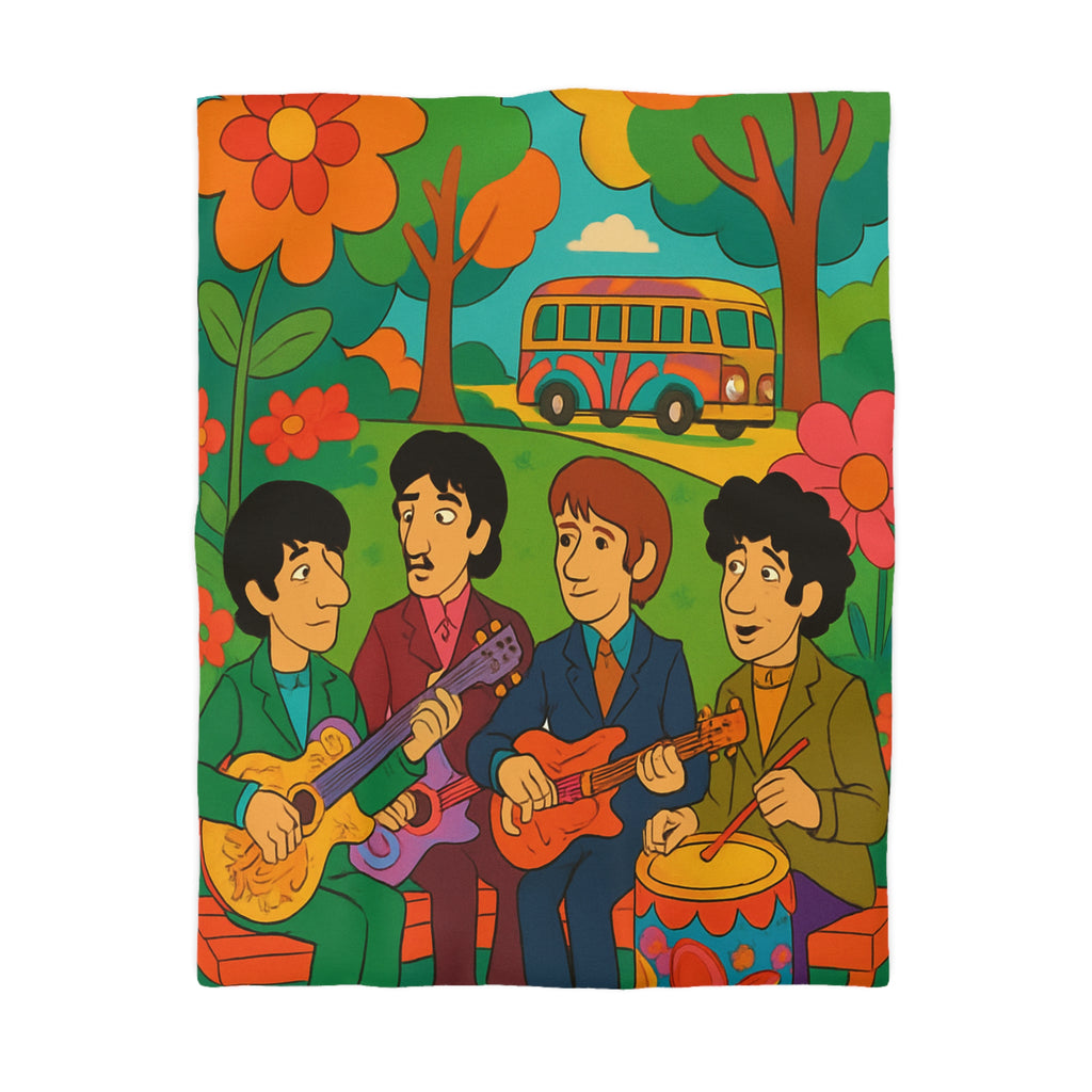 Housse de couette rétro colorée inspirée d'un groupe de musiciens animés en plein air