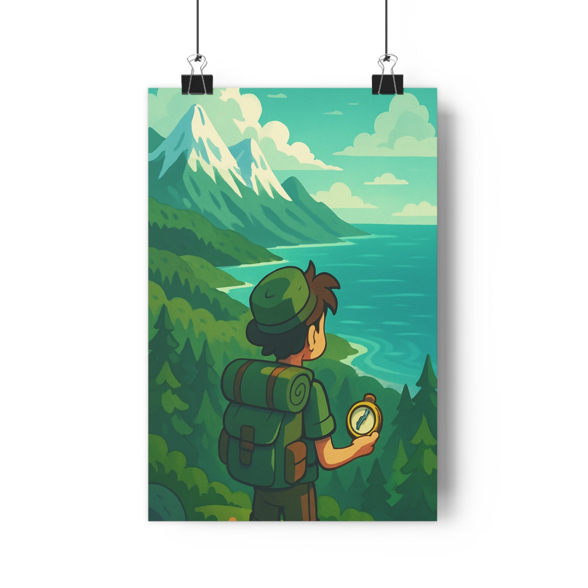 Poster décoratif aventurier dessin animé montagnes mer verte bleue exploration aventure chambre bureau inspirant