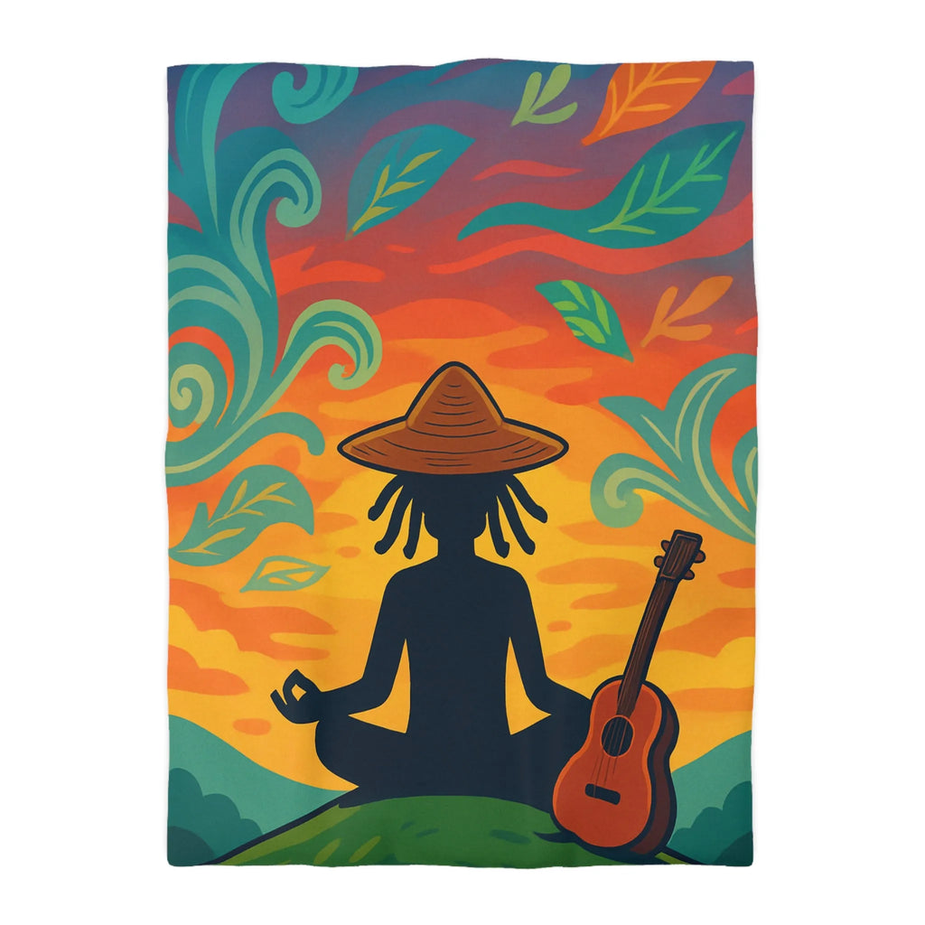 Housse de couette avec silhouette méditative et nature vibrante sous coucher de soleil coloré