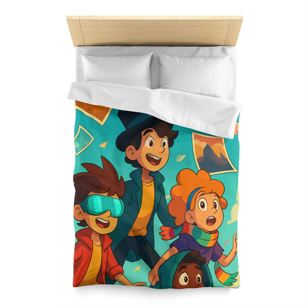 Housse de couette colorée avec enfants explorateurs et illustrations de paysages flottants