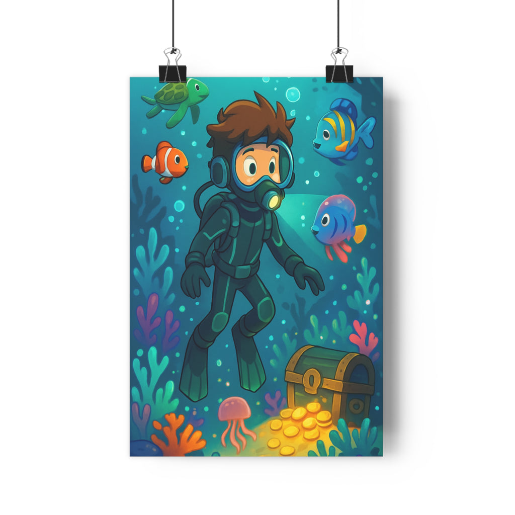 Poster décoratif cartoon bleu vert aventure plongeur chambre enfant joyeux artistique océan corail vibrant
