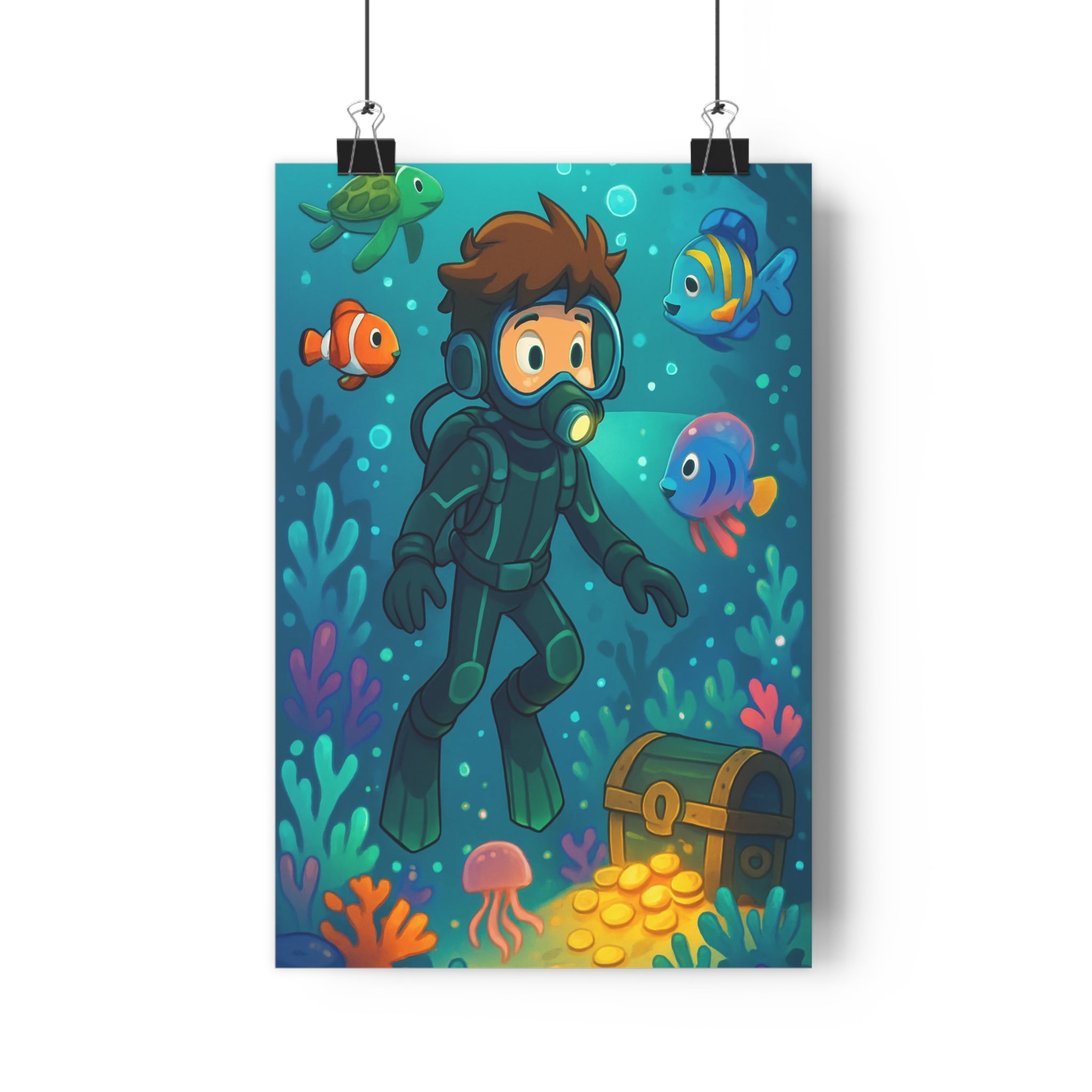 Poster décoratif cartoon bleu vert aventure plongeur chambre enfant joyeux artistique océan corail vibrant