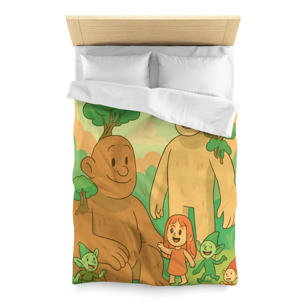 Housse de couette fantastique avec géants arborés et lutins dans une forêt enchantée