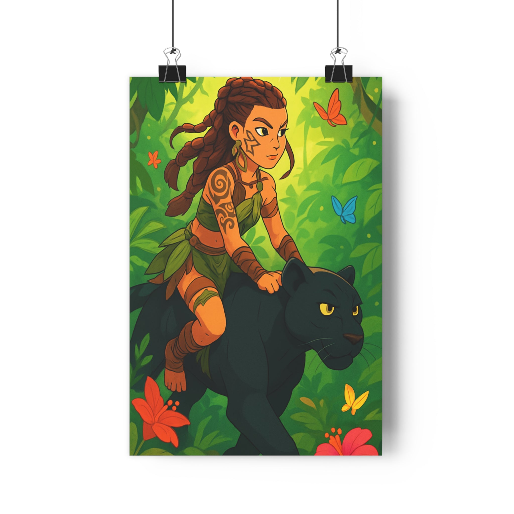 Poster décoratif jungle aventure cartoon vert noir courage chambre salon dynamique coloré tribal élégant