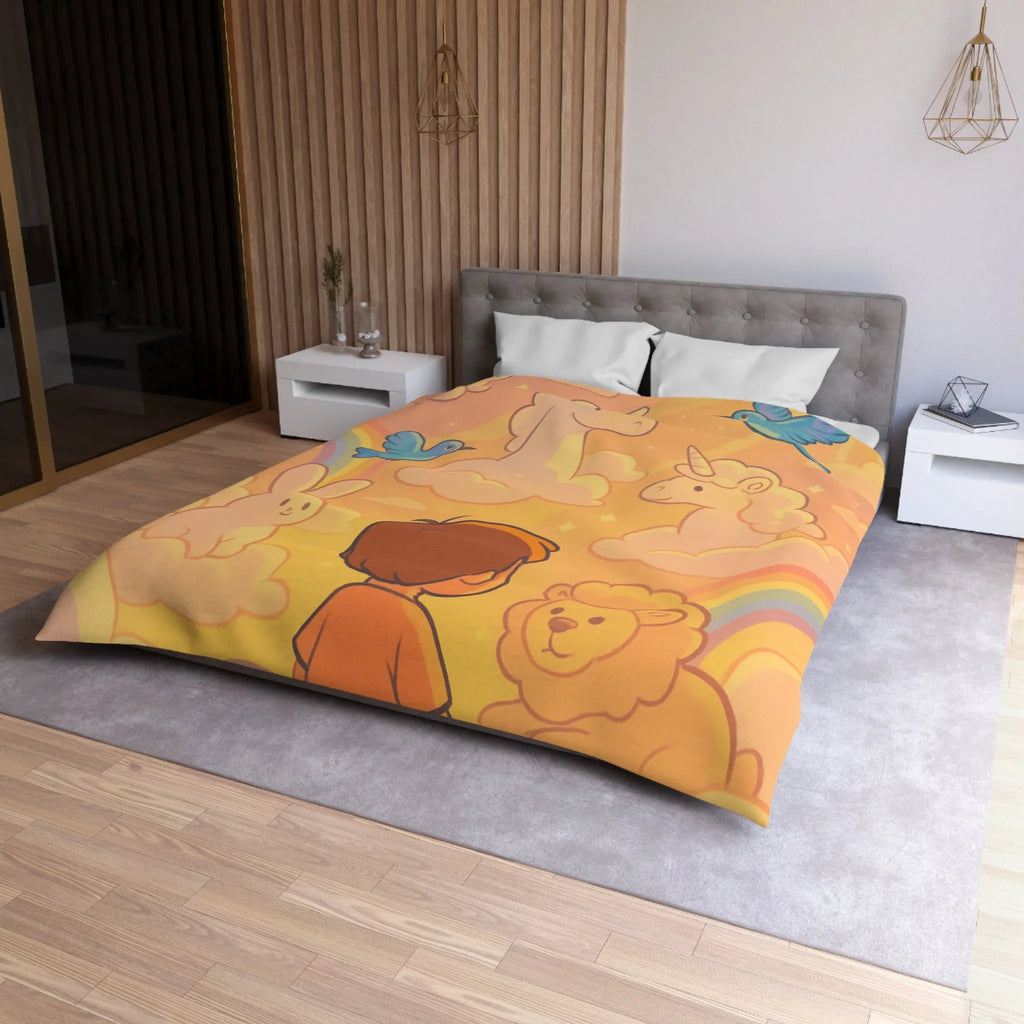 Housse de Couette Enfantine avec Licornes, Lapins et Oiseaux dans les Nuages Pastels