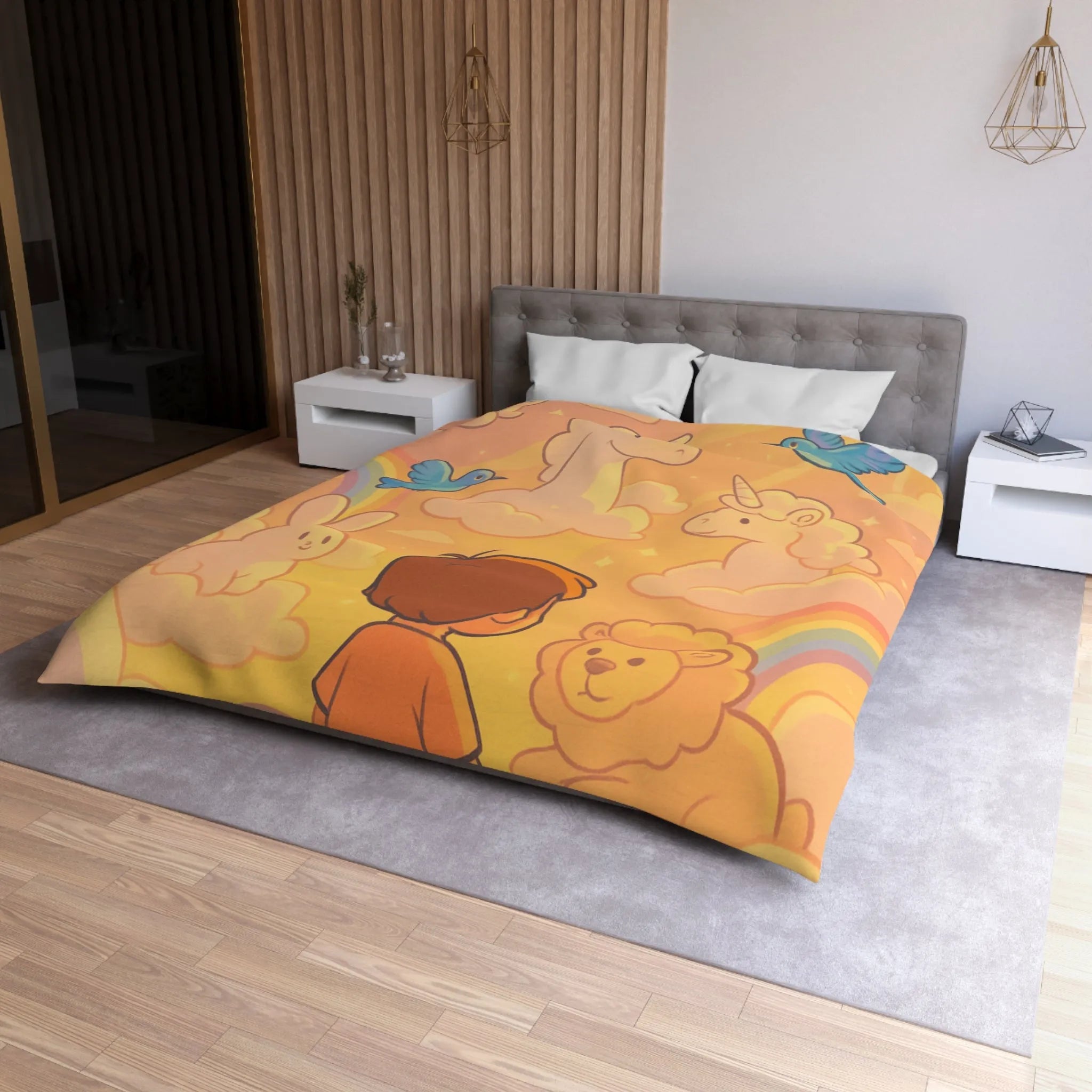 Housse de Couette Enfantine avec Licornes, Lapins et Oiseaux dans les Nuages Pastels