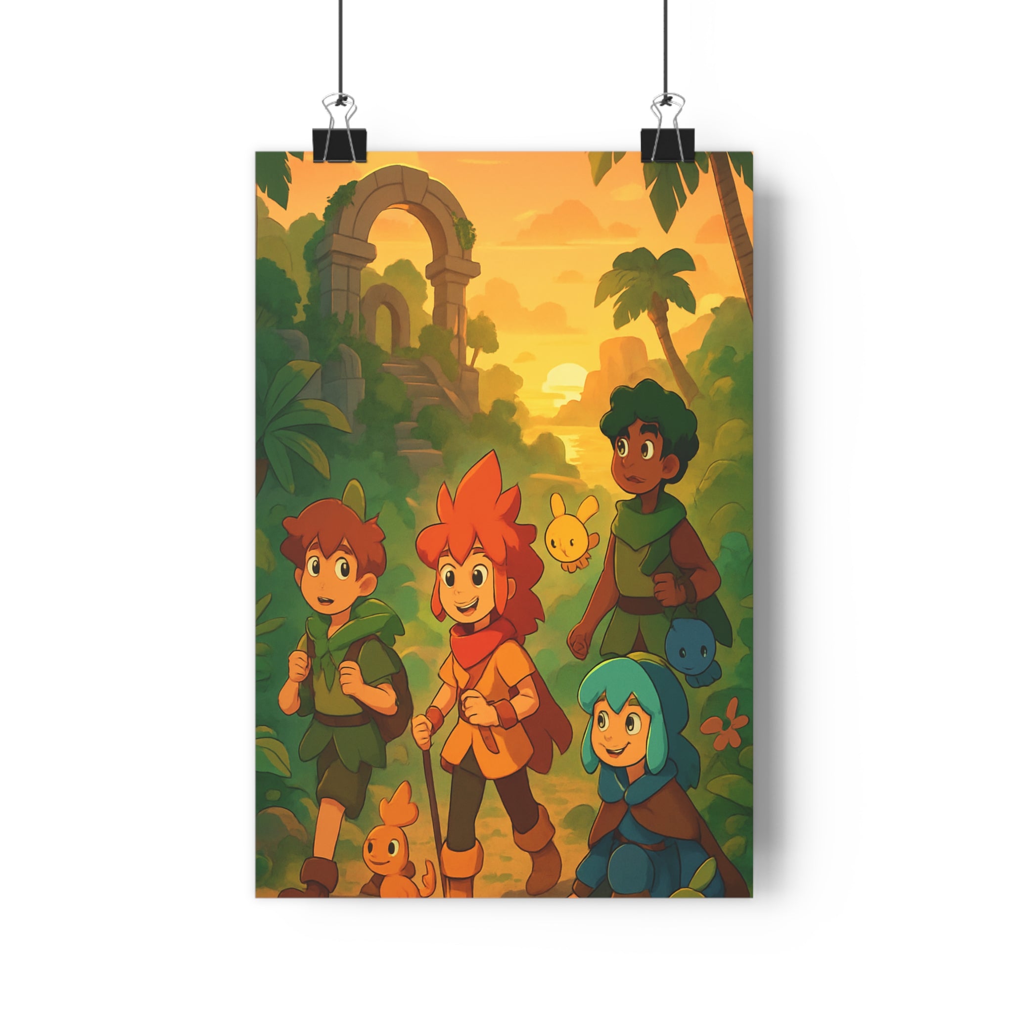 Poster décoratif aventure jungle coloré joyeux enfant créatures mystique vibrant chambre explorateur coucher qualité