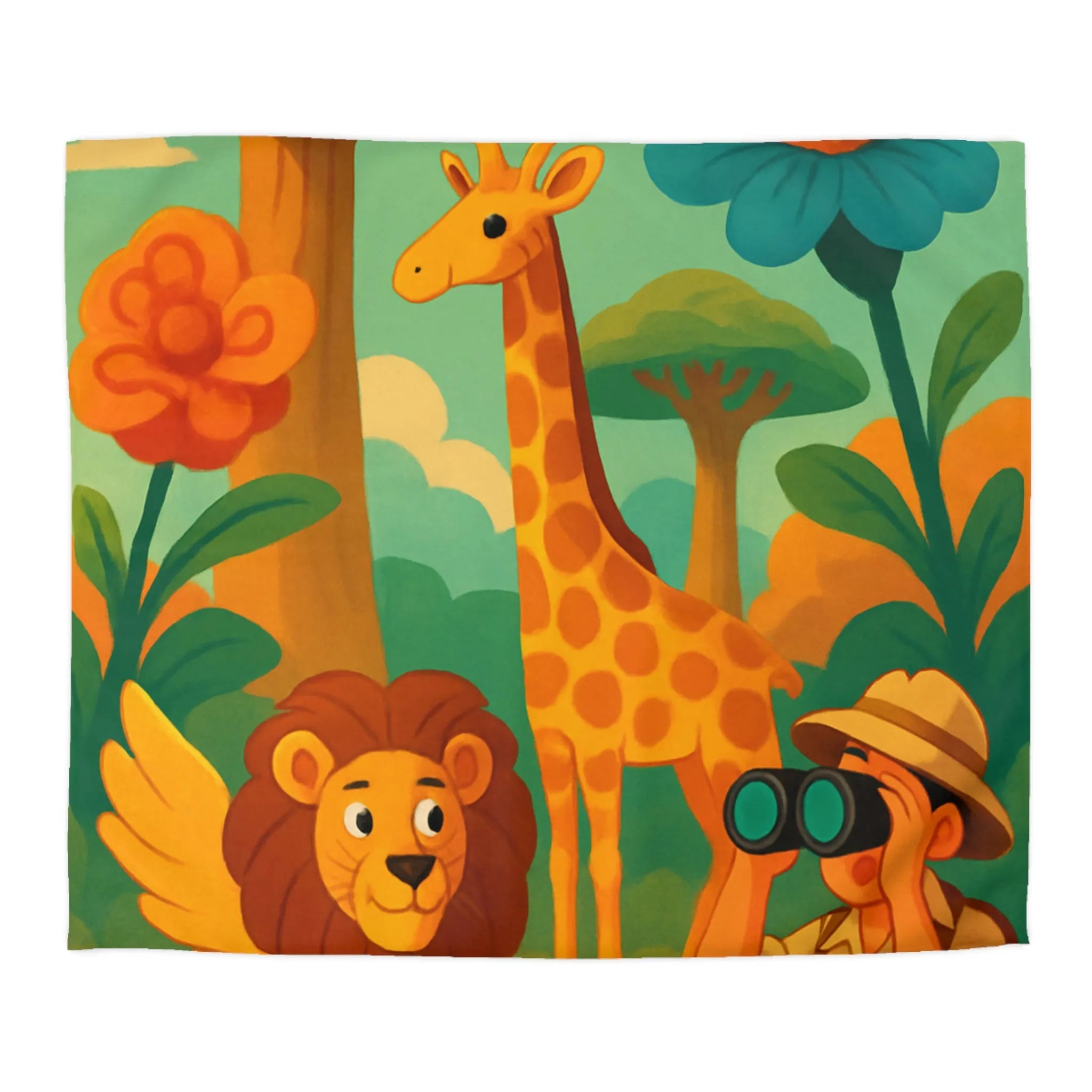 Housse de couette enfant safari : lion, girafe, explorateur, jungle colorée et joyeuse