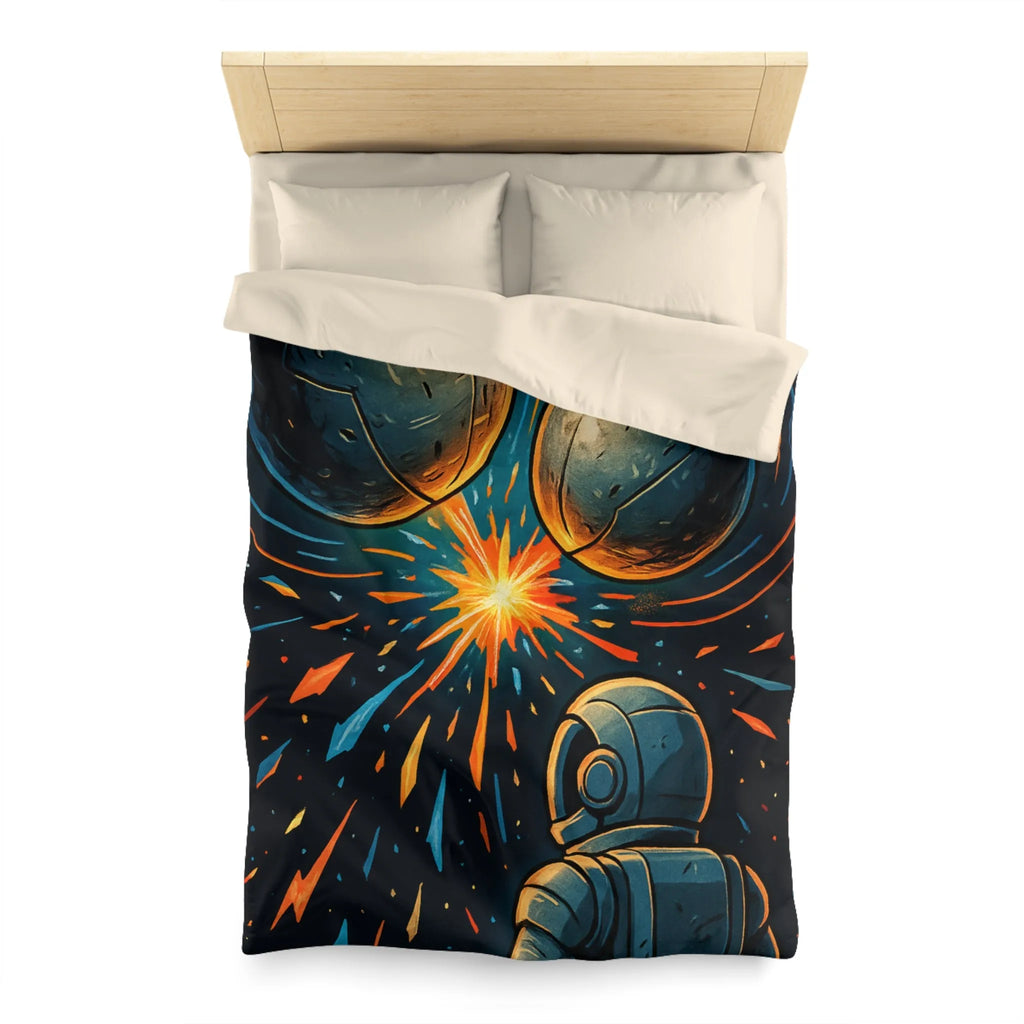 Décorative housse de couette espace cosmique avec astronaute et sphères lumineuses métalliques