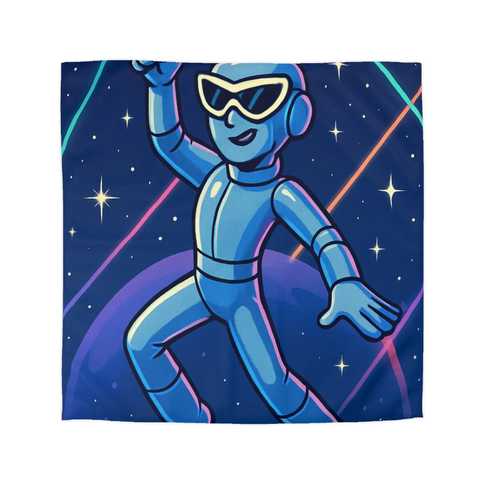 Housse de Couette Éclatante avec Robot dansant sur Fond Intergalactique Étoilé et Coloré