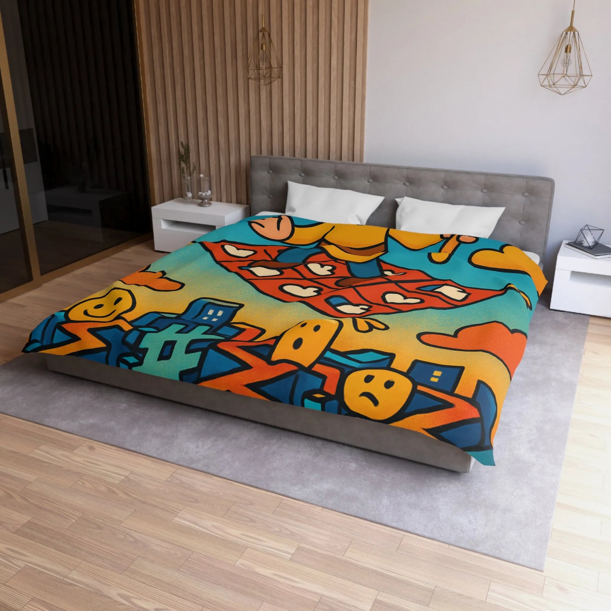 Housse de couette colorée avec un personnage sur un tapis volant magique