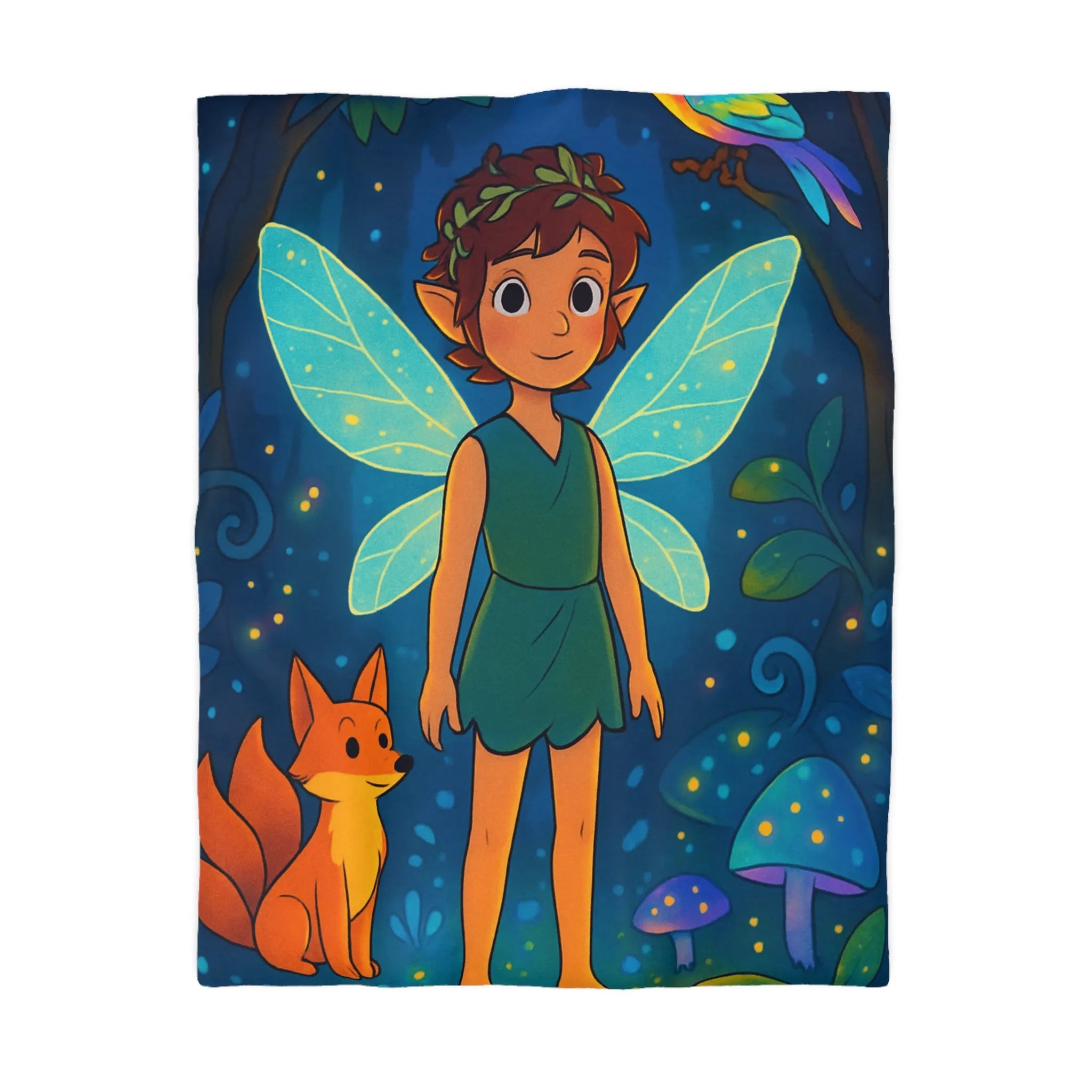 Housse de Couette Féerique avec Fée Ailée et Renard dans Forêt Enchantée Multicolore